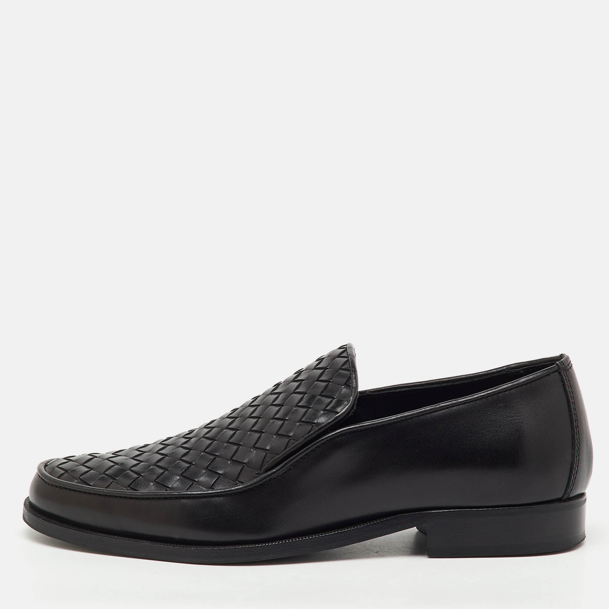 Pre Owned Bottega Veneta Black Intrecciato Leather Slip On Loafers Size 39
