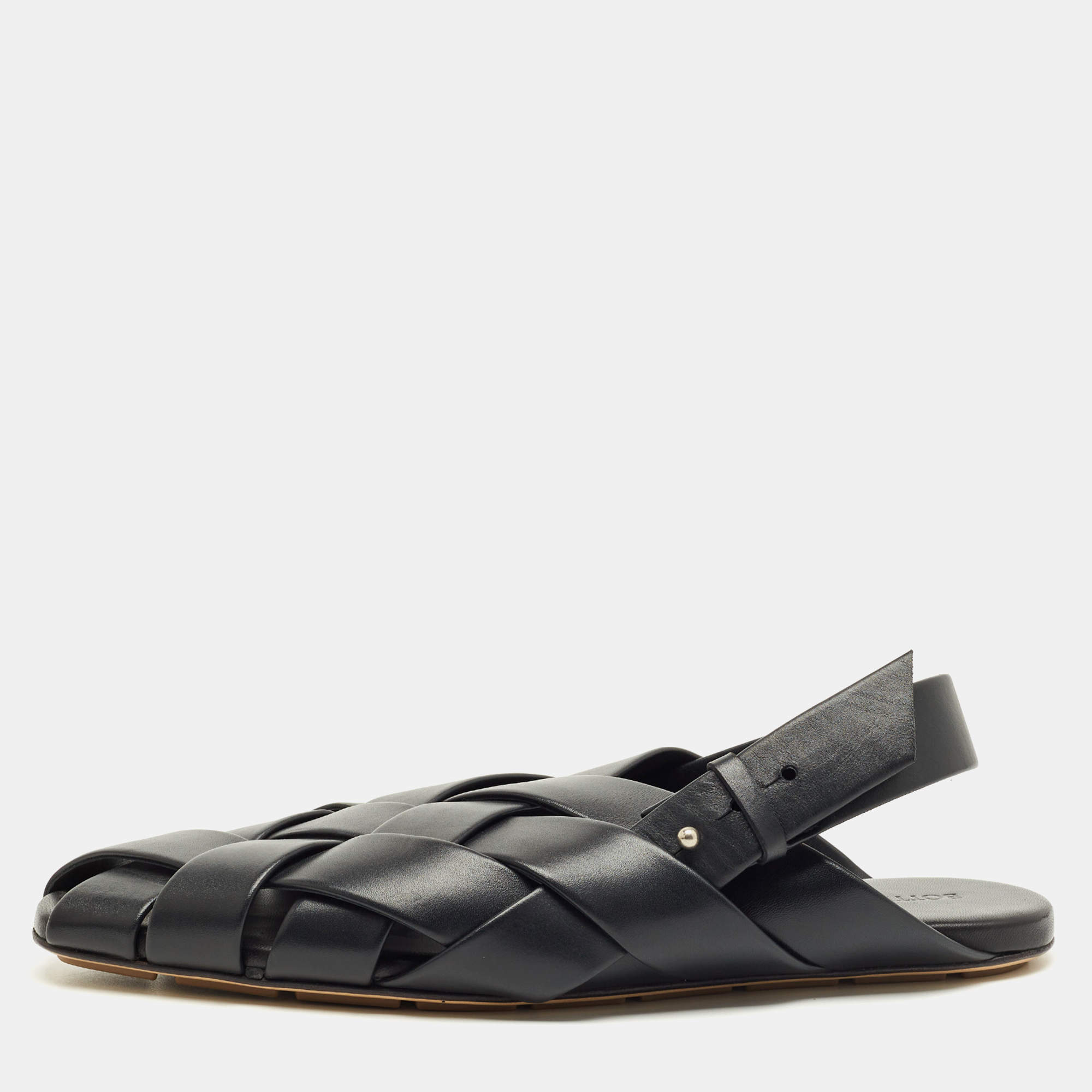 Pre Owned Bottega Veneta Black Leather Alfie Slingback Flat Sandals Size 42