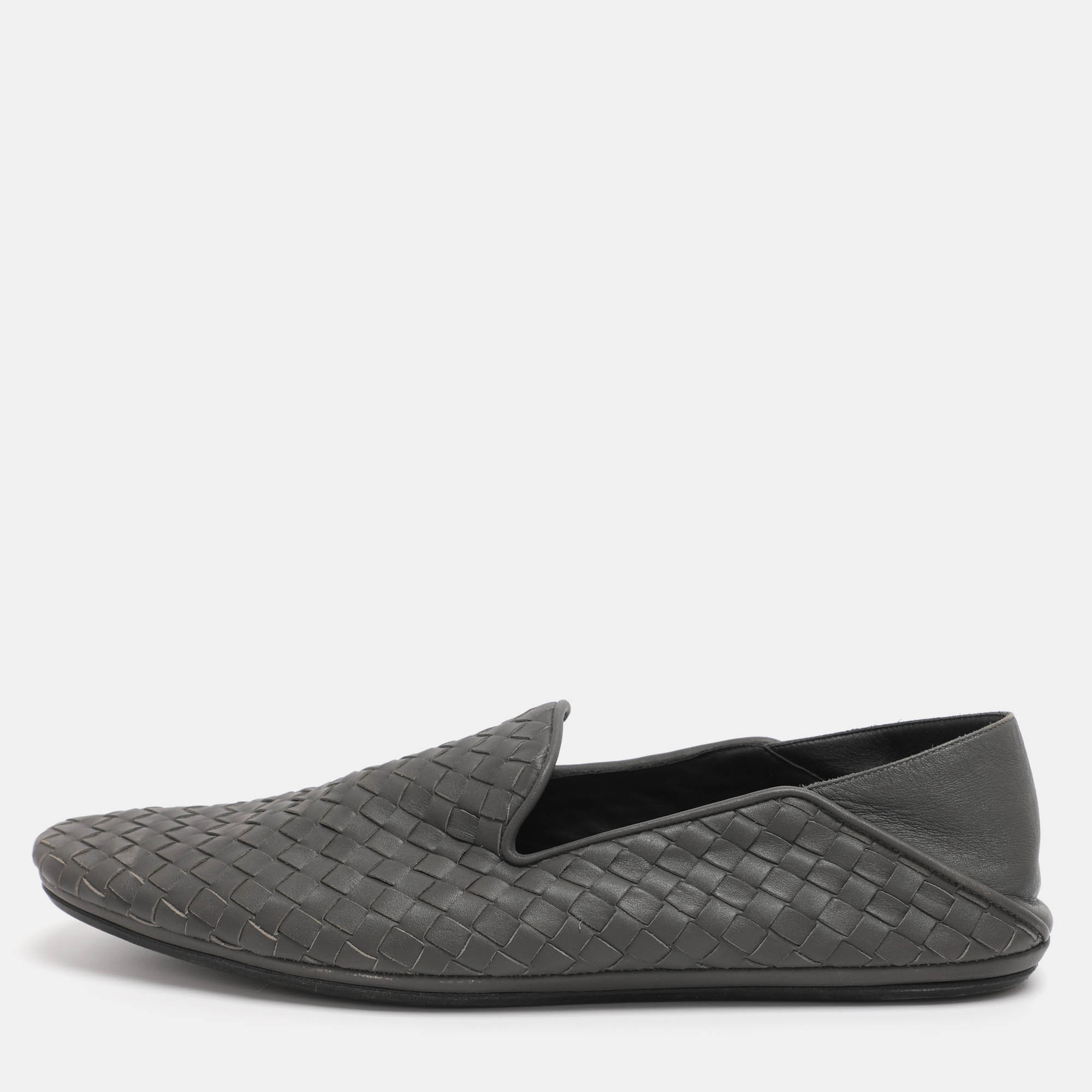 Pre Owned Bottega Veneta Grey Intrecciato Leather Smoking Slippers Size 42