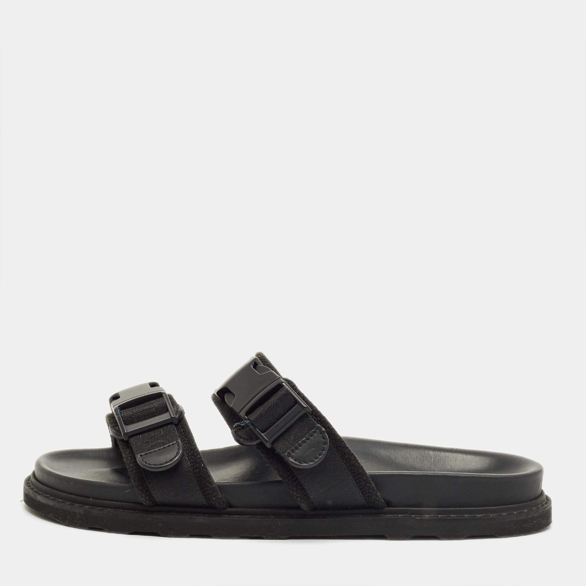 Pre Owned Bottega Veneta Black Fabric Logo Flat Slide Size 43