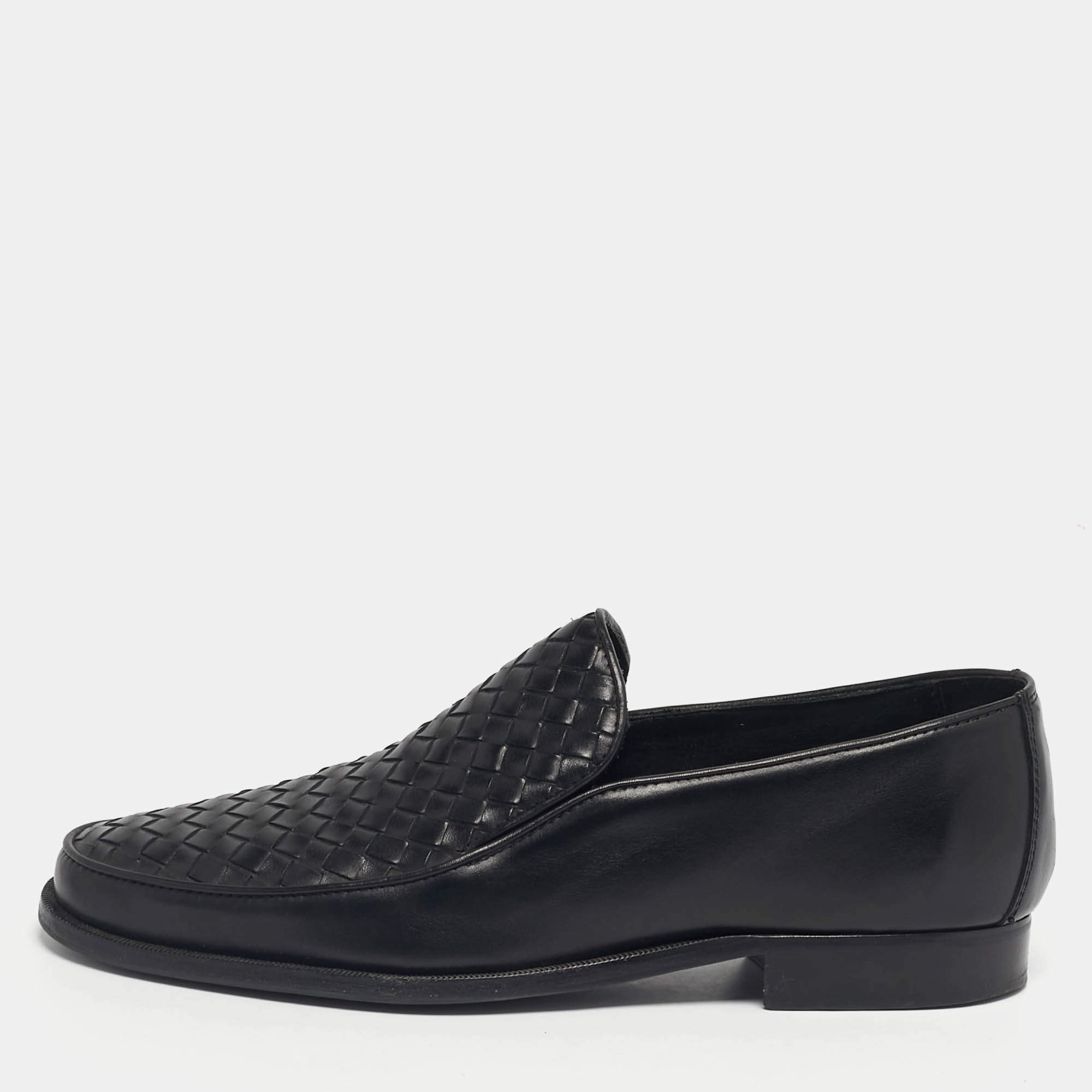 Pre Owned Bottega Veneta Black Leather Intrecciato Loafers Size 42