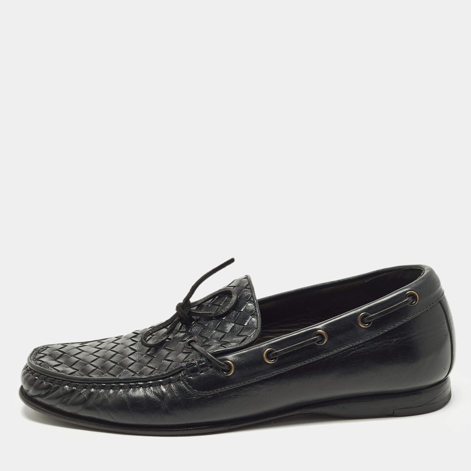 Pre Owned Bottega Veneta Size 42 Black Intrecciato Leather Bow Slip On Loafers