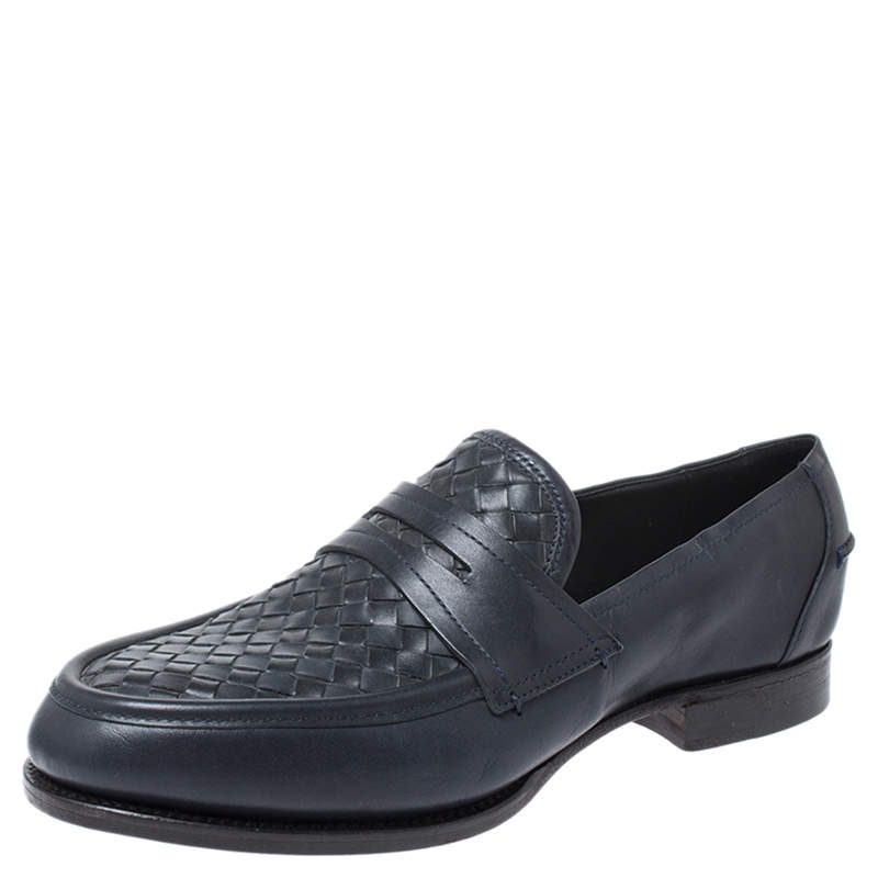 مملوكة مسبقًا Bottega Veneta Blue Intrecciato Leather Penny Loafers Size 40
