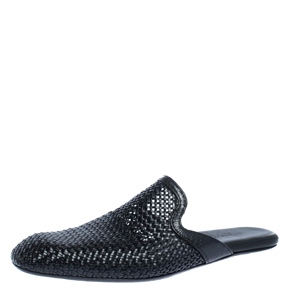Pre Owned Bottega Veneta Black Woven Leather Espresso Fiandra Mules Size 41