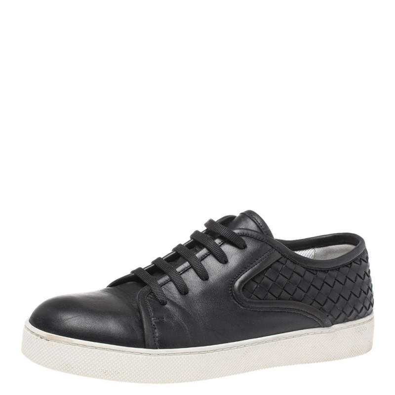 Pre Owned Bottega Veneta Black Intrecciato Leather Low Top Sneakers Size 42.5