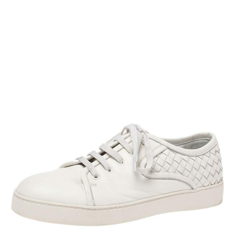Bottega Veneta White Intrecciato Leather Low Top Sneakers Size 42.5