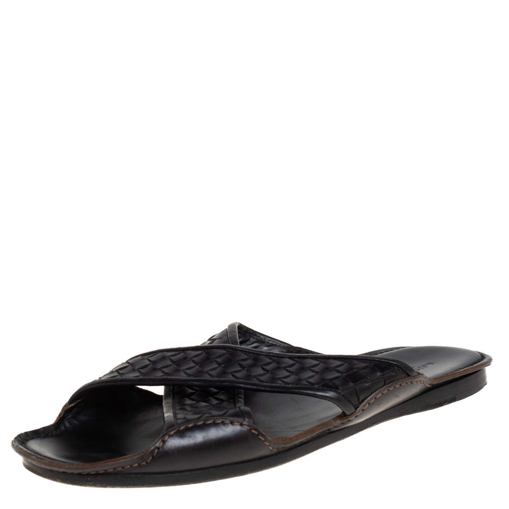 Bottega Veneta Black Intrecciato Leather Cross Strap Flat Slides Size 42.5