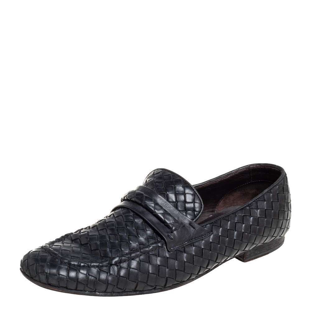 Pre Owned Bottega Veneta Black Intrecciato Leather Loafer Size 42.5