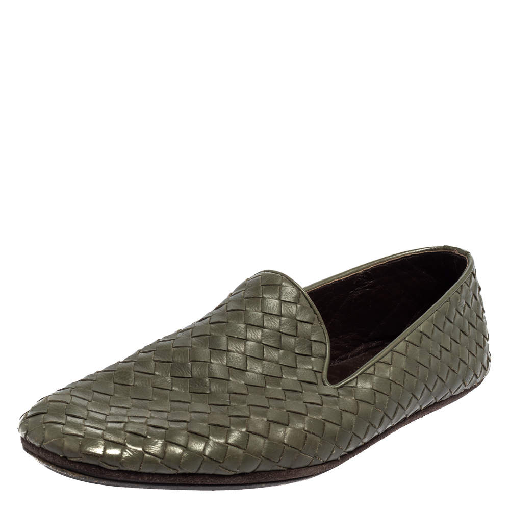 Pre Owned Bottega Veneta Green Intrecciato Leather Smoking Slippers Size 43