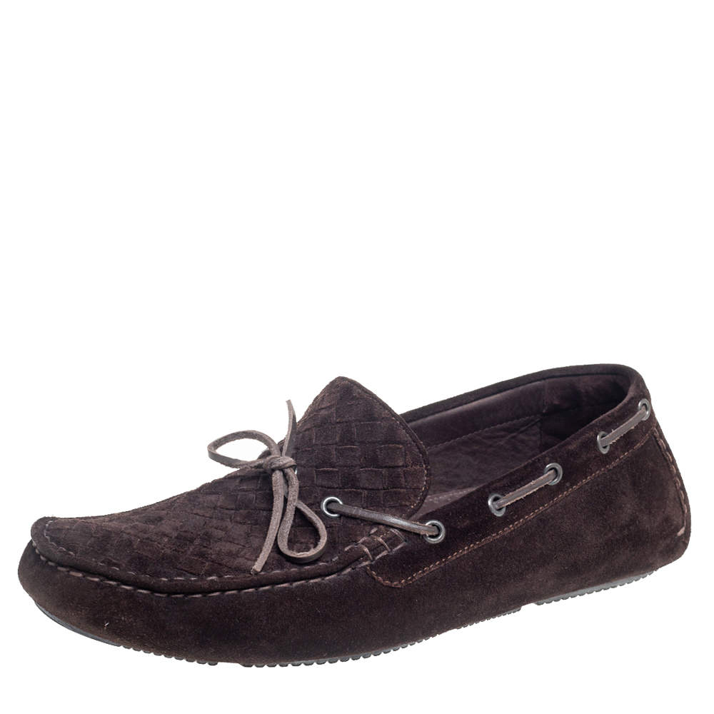 Bottega Veneta Dark Brown Intrecciato Leather Bow Slip On Loafers Size 43