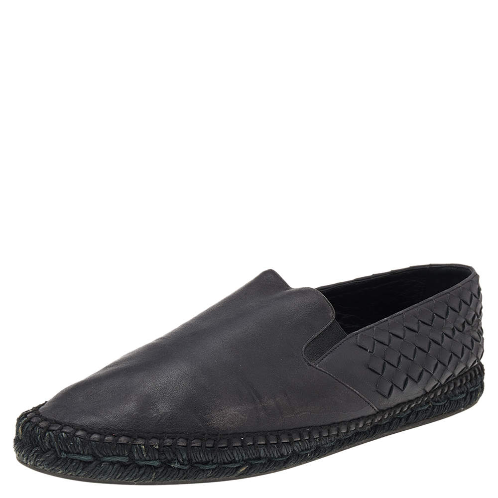 Pre Owned Bottega Veneta Black Intrecciato Leather Slip On Espadrilles Size 44