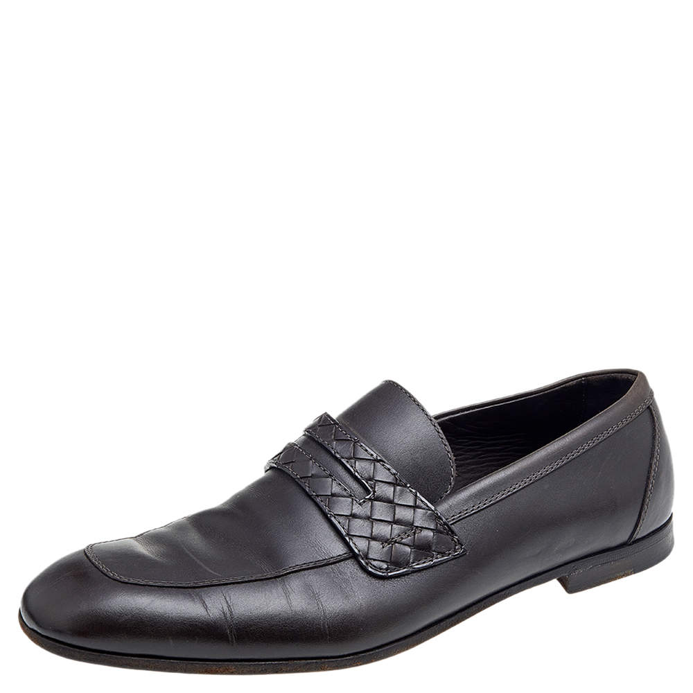 Pre Owned Bottega Veneta Brown Leather Wave Driver Intrecciato Detail Slip on Loafers Size 44