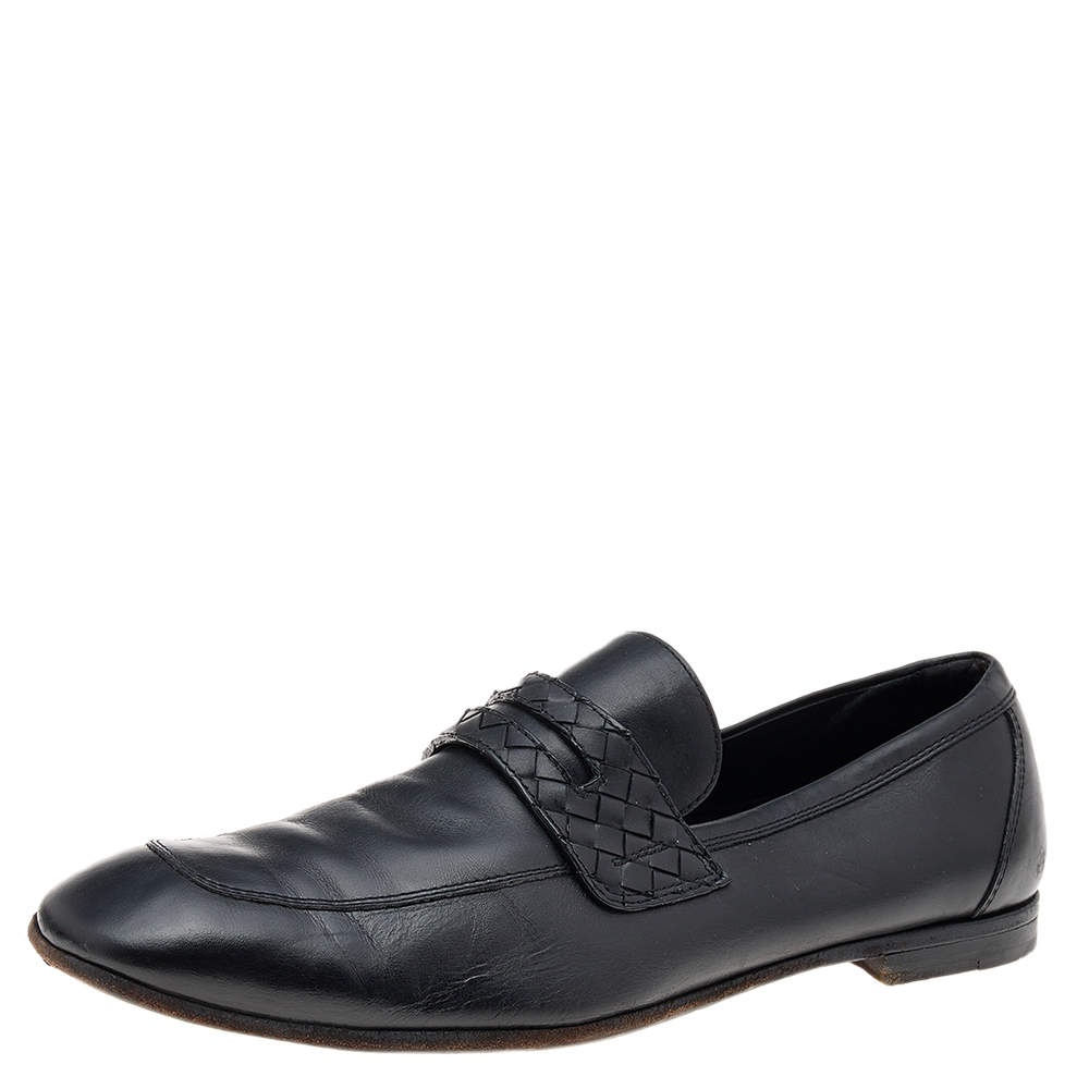 مملوكة مسبقًا Bottega Veneta Black Leather Intrecciato Slip On Loafers Size 46