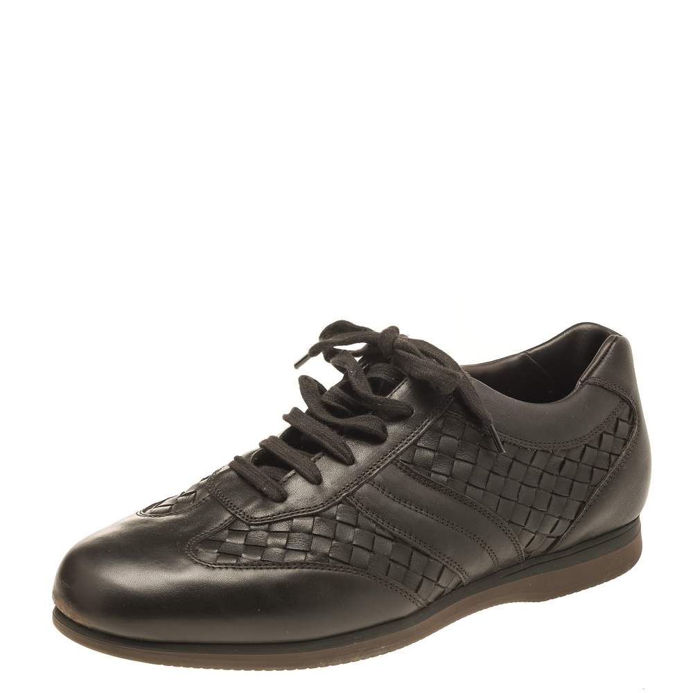 Bottega Veneta Dark Brown Intrecciato Leather Lace Up Low Top Sneakers Size 43.5