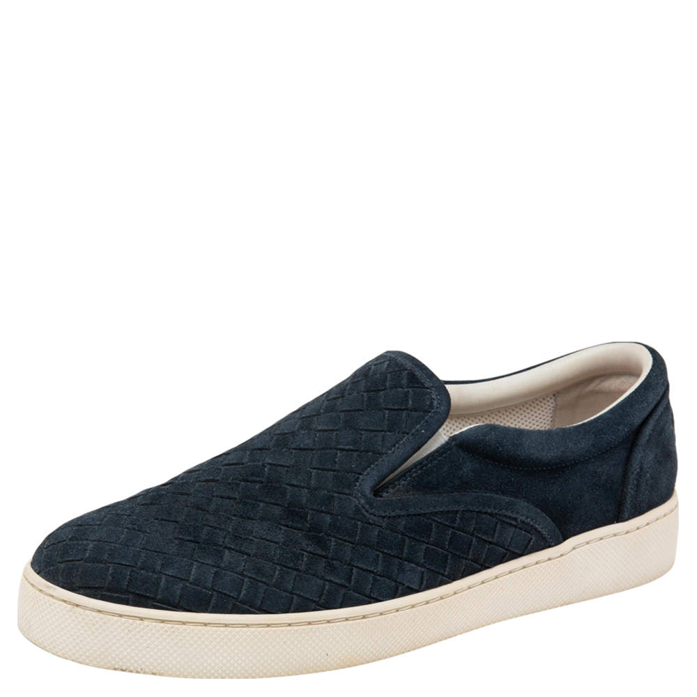 Bottega Veneta Navy Blue Intrecciato Suede Slip on Sneakers Size 41