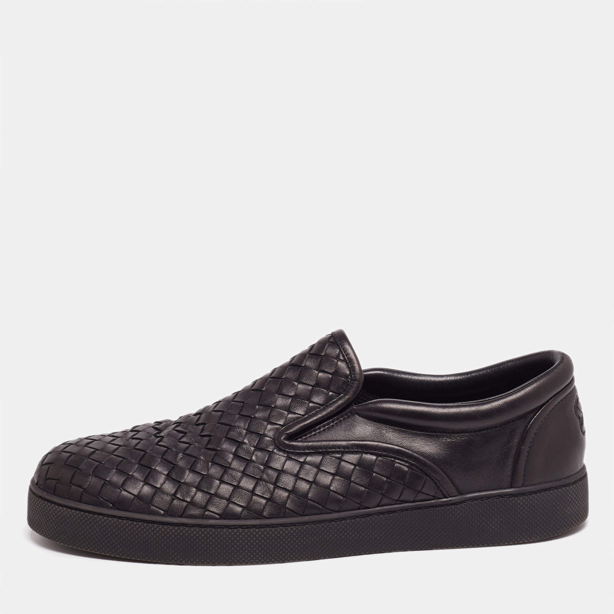Pre Owned Bottega Veneta Black Intrecciato Leather Dodger Slip-On Sneakers Size 44