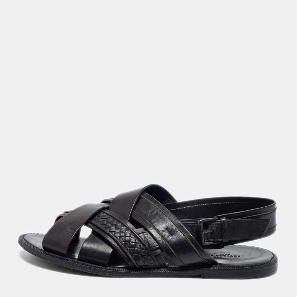 Pre Owned Bottega Veneta Black Intrecciato Leather Criss Cross Flat Sandals Size 41