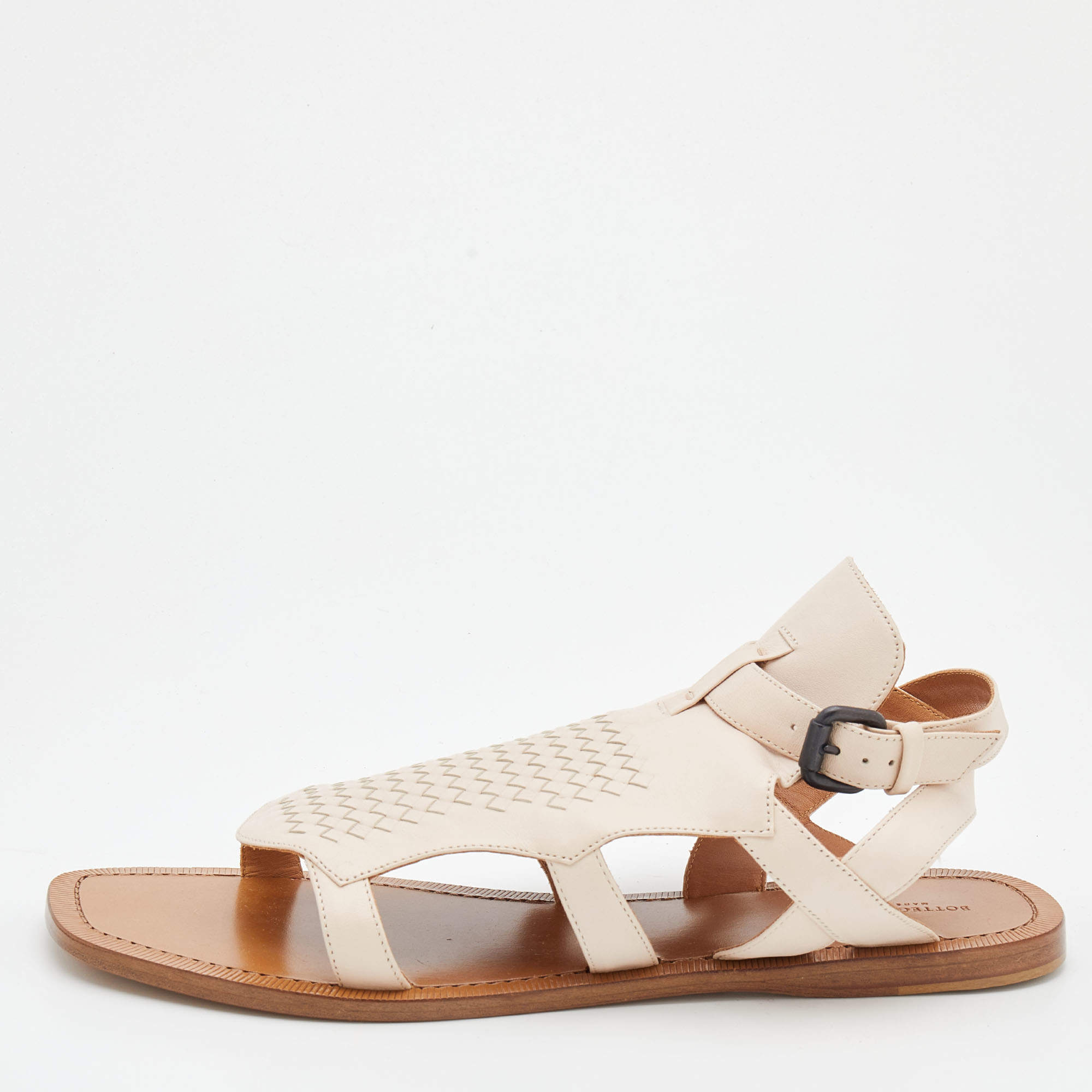 Pre Owned Bottega Veneta Light Beige Intrecciato Leather Slingback Flat Sandals Size 41