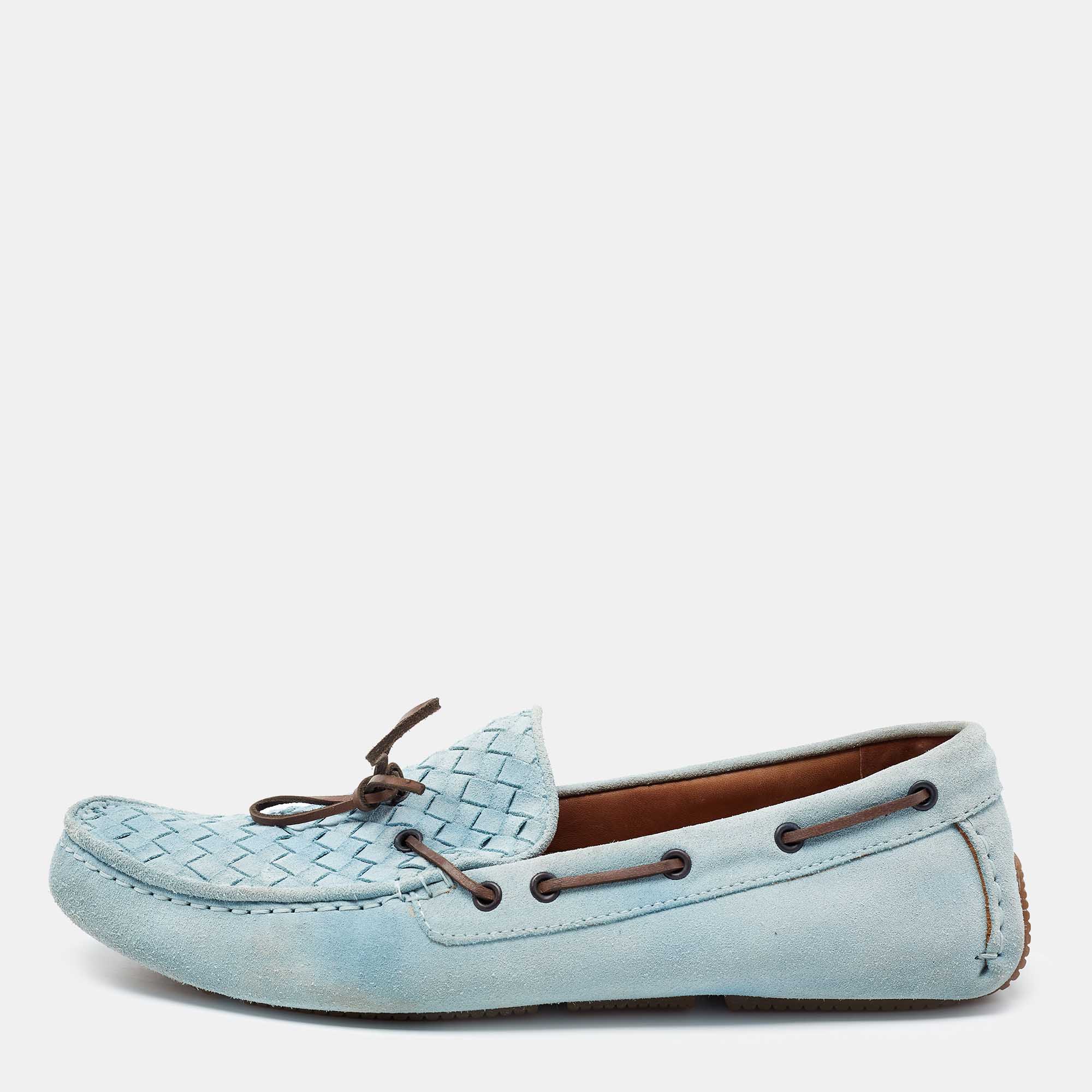 Pre Owned Bottega Veneta Light Blue Intrecciato Suede Bow Loafers Size 45.5