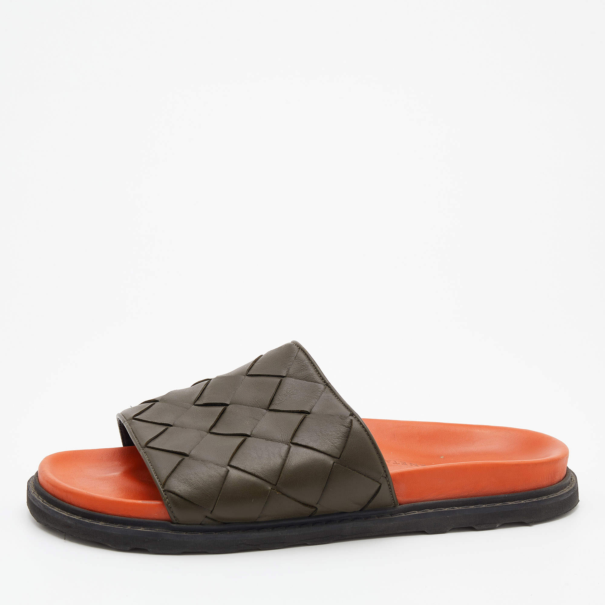 Bottega Veneta Olive Green Intrecciato Leather Speedster Flat Slides Size 45