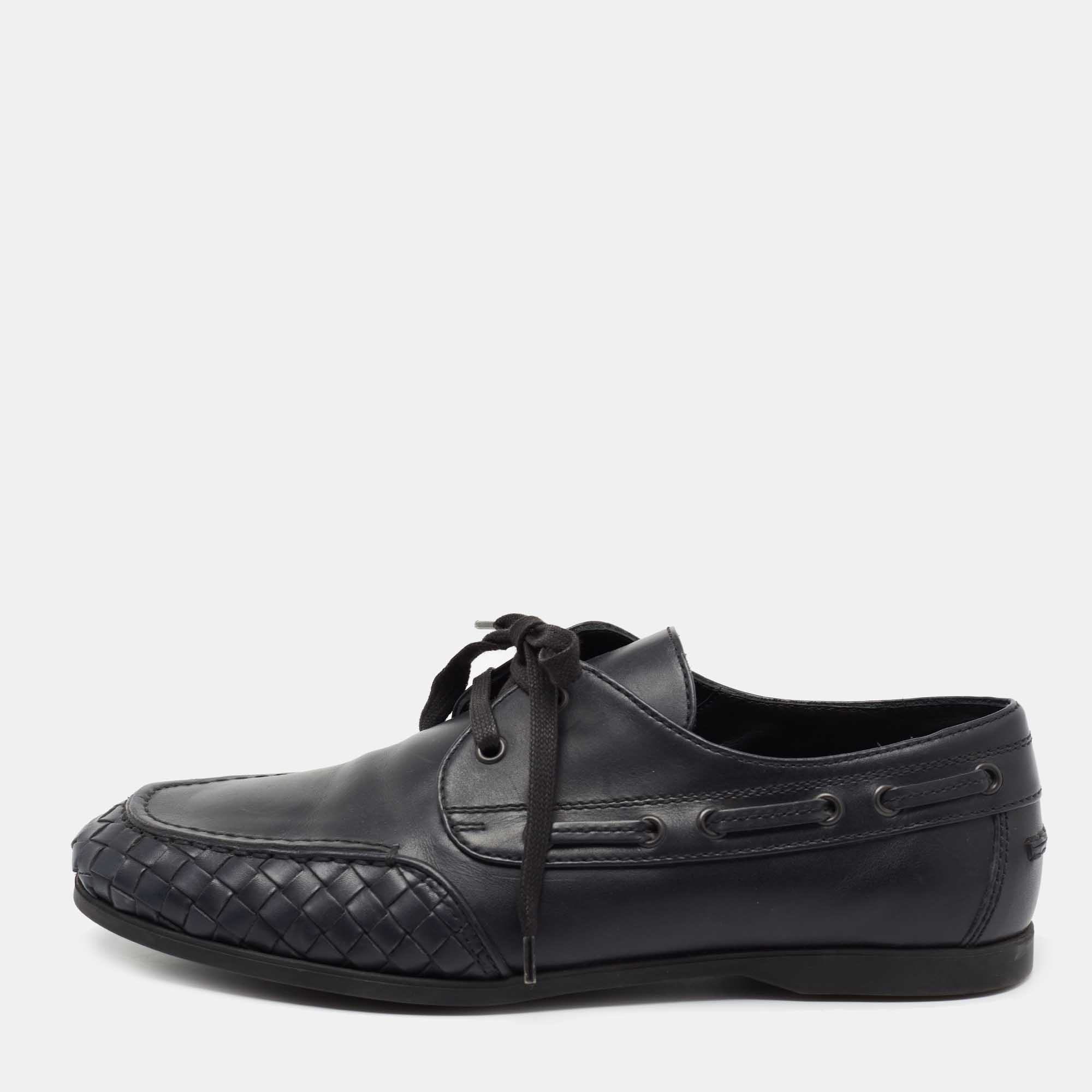 Pre Owned Bottega Veneta Navy Blue Intrecciato Leather Loafers Derby Size 41