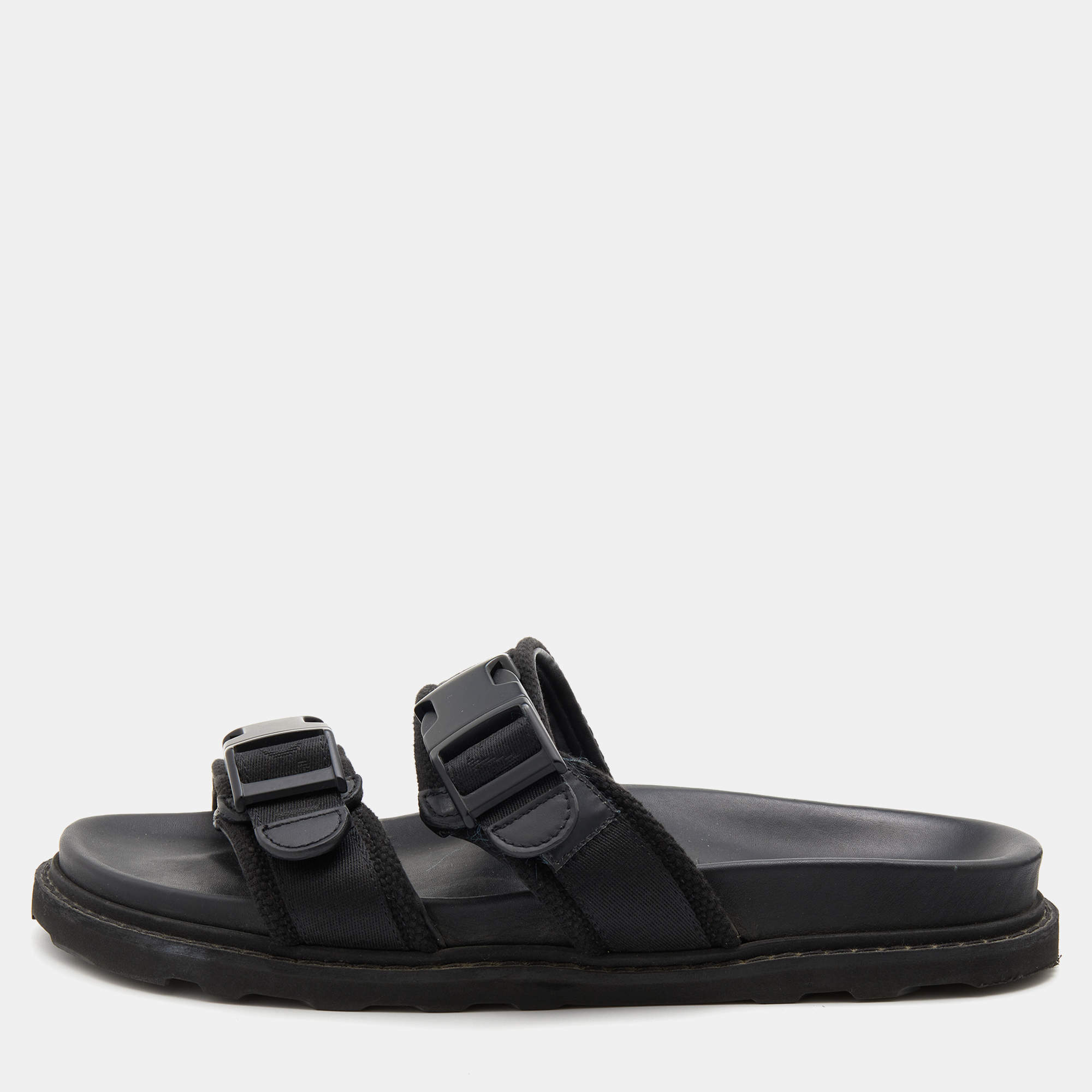 Pre Owned Bottega Veneta Black Fabric Logo Flat Slide Sandals Size 42