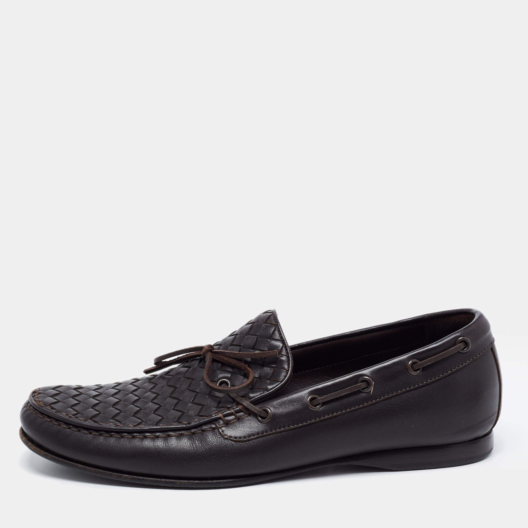 مملوكة مسبقًا Bottega Veneta Dark Brown Intrecciato Leather Bow Loafers Size 43