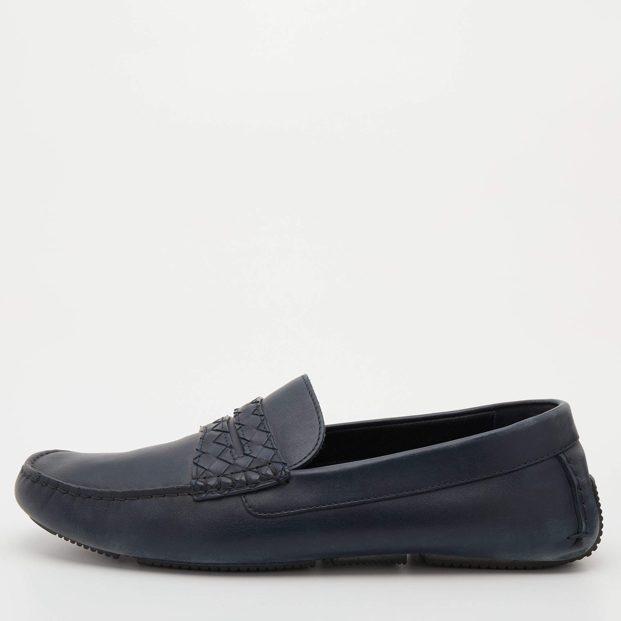 Bottega Veneta Navy Blue Leather Wave Driver Slip On Loafers Size 44.5