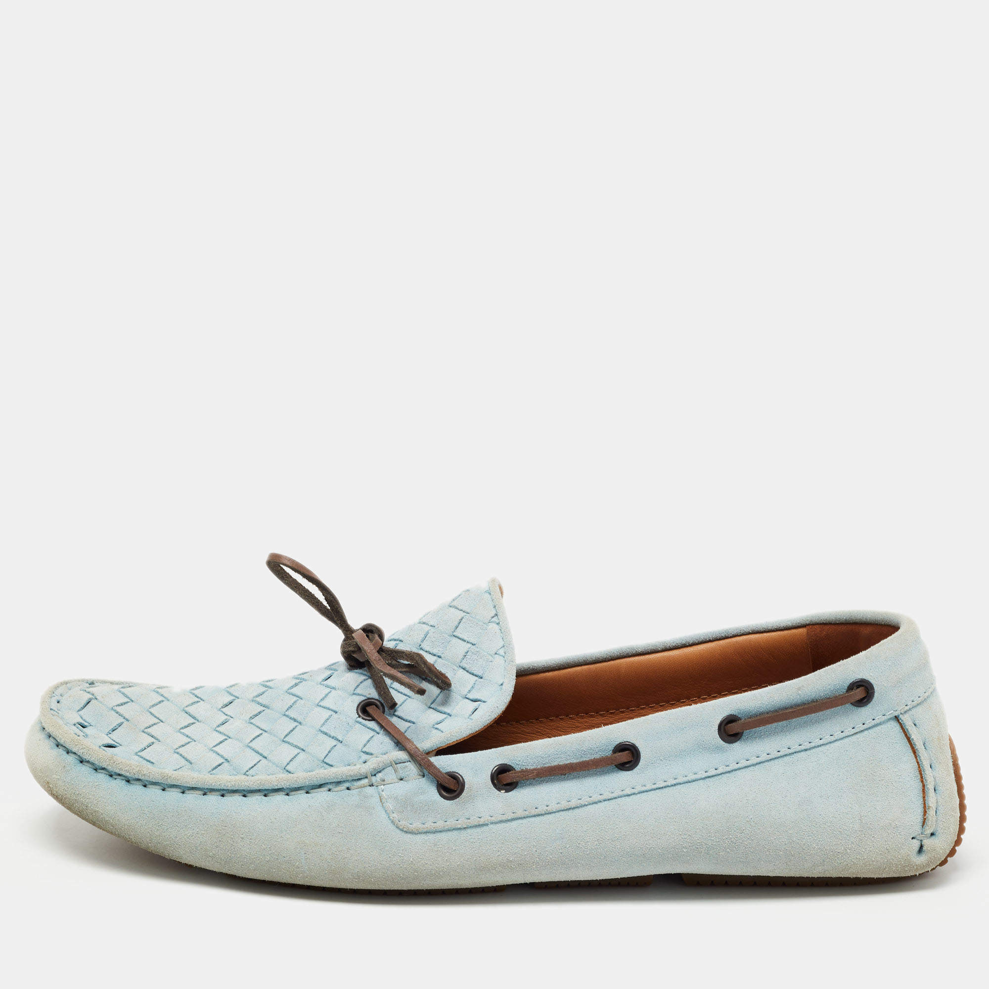 Bottega Veneta Light Blue Intrecciato Suede Bow Loafers Size 45