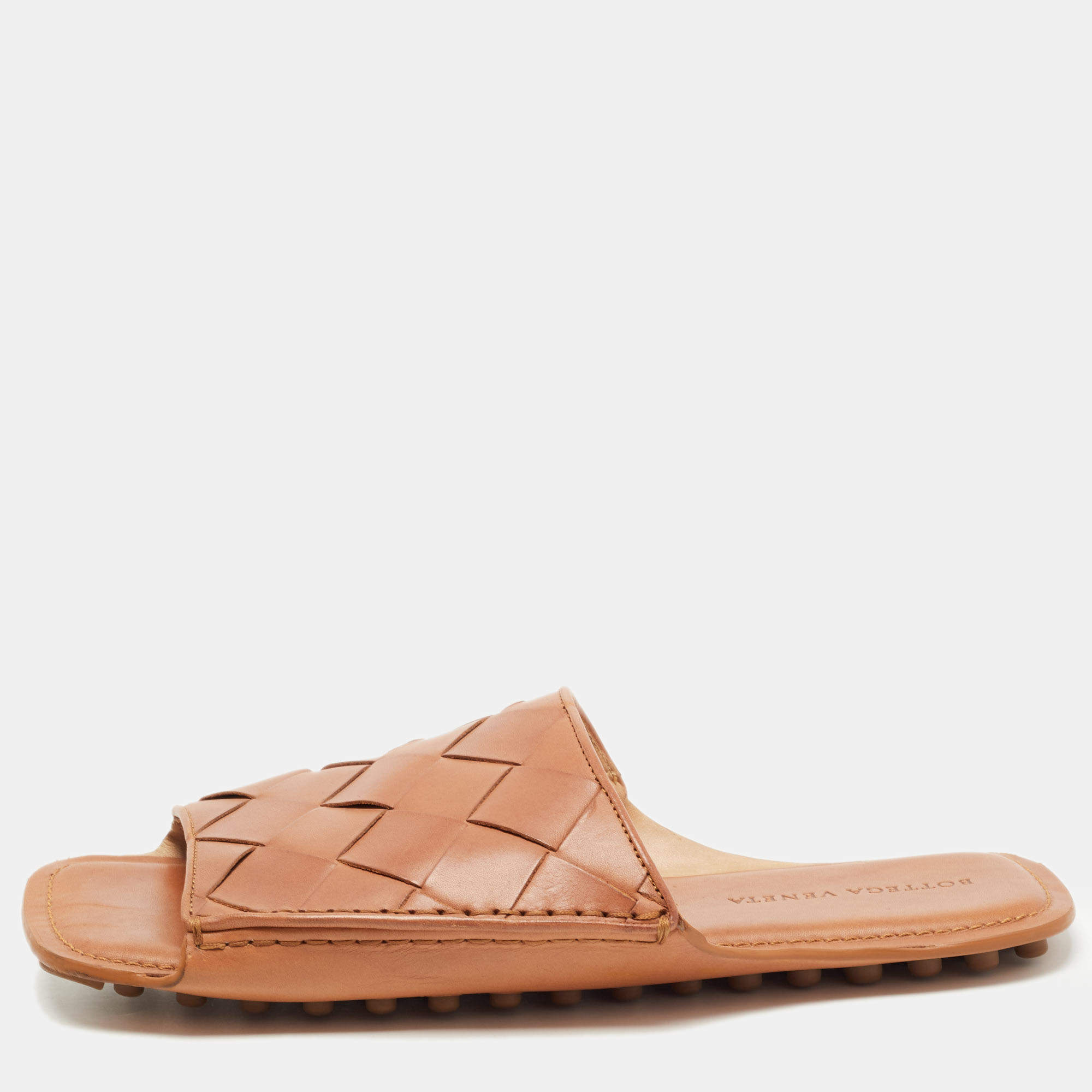 Pre Owned Bottega Veneta Brown Leather Intrecciato Weave Slide Sandals Size 44