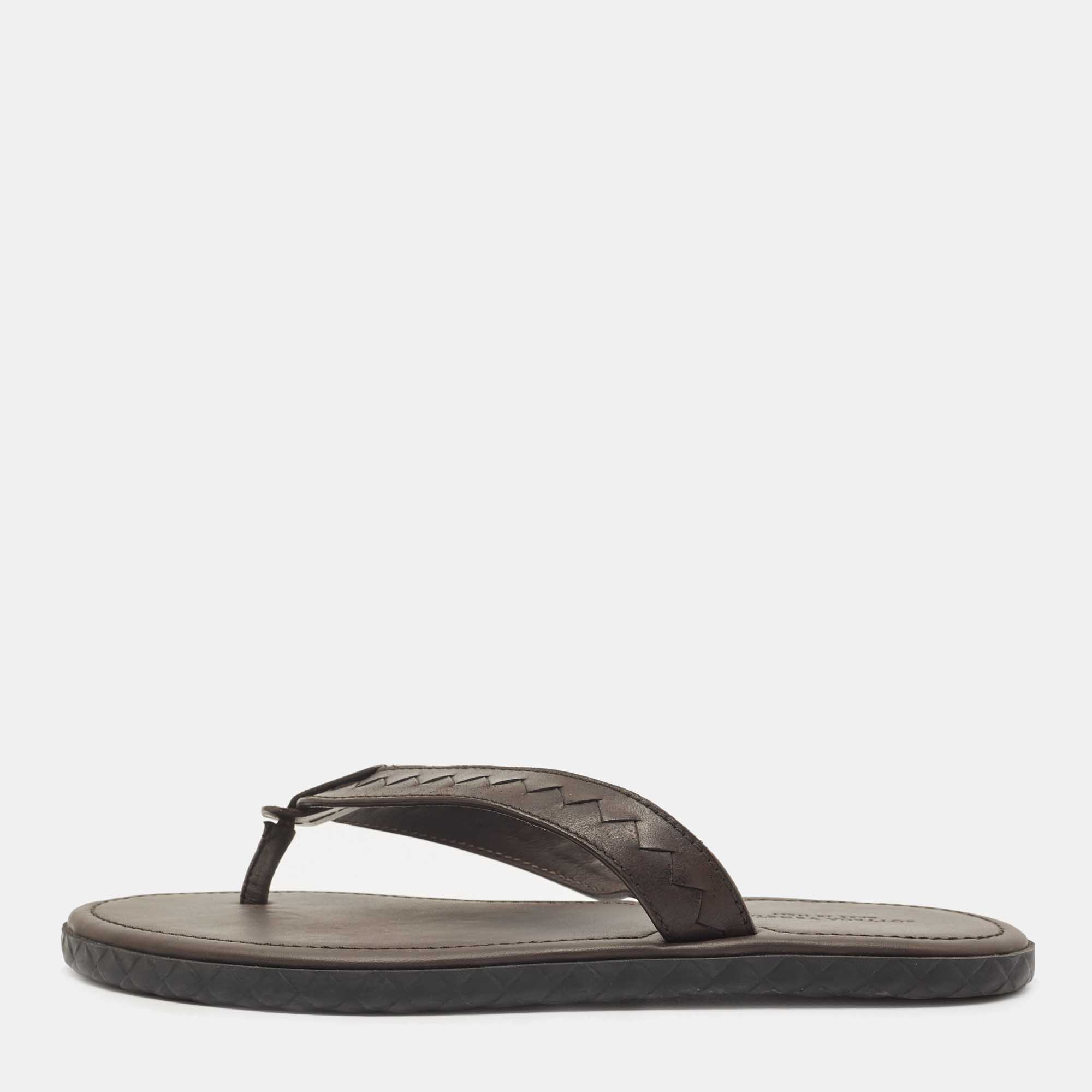 Pre Owned Bottega Veneta Brown Intrecciato Leather Thong Slide Flats Size 42