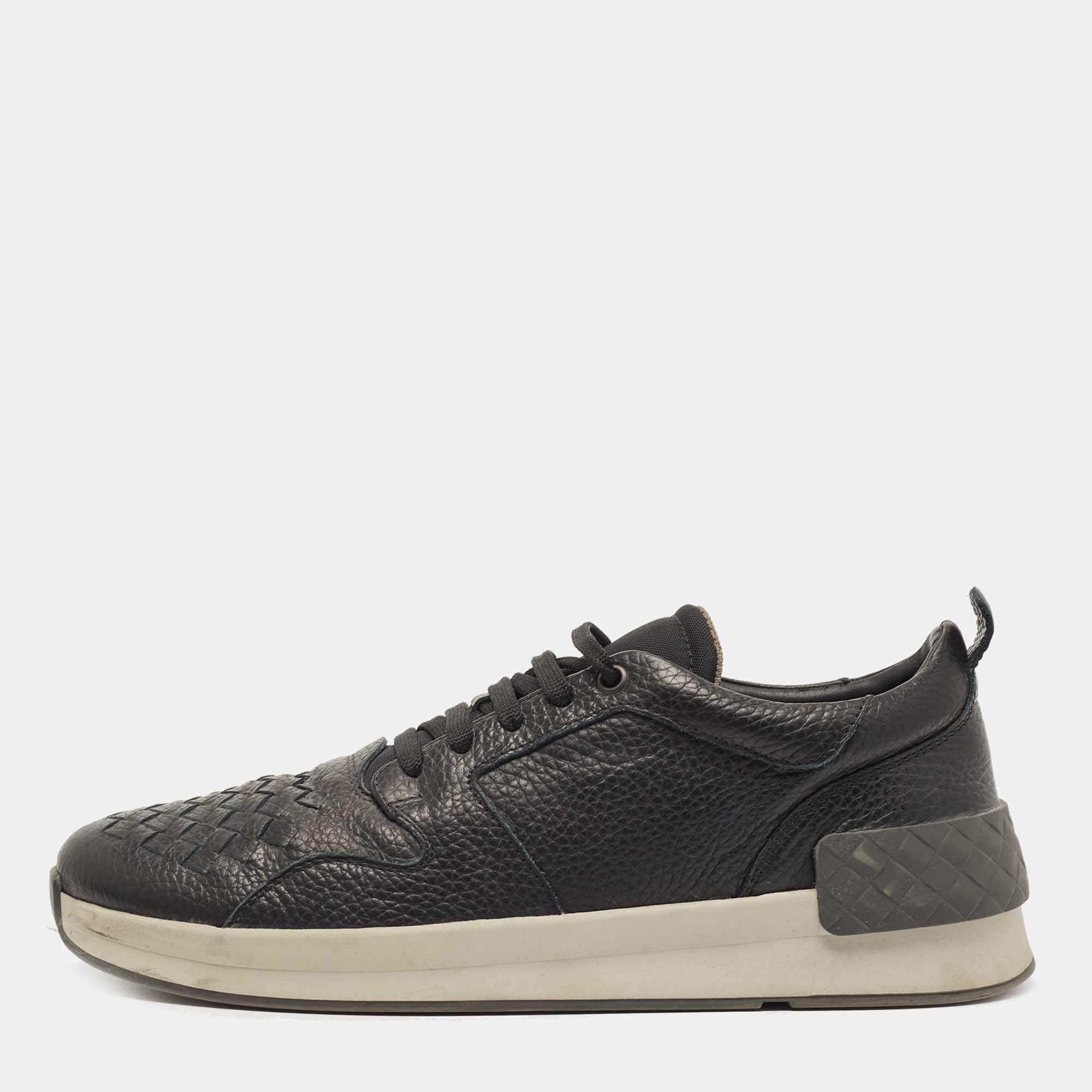 Pre Owned Bottega Veneta Black Intrecciato Leather Lace Up Sneakers Size 43