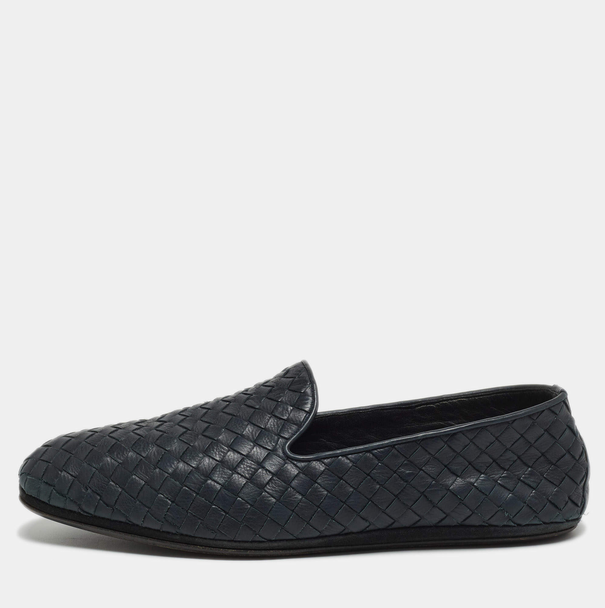 Pre Owned Bottega Veneta Navy Blue Intrecciato Leather Smoking Slippers Size 42