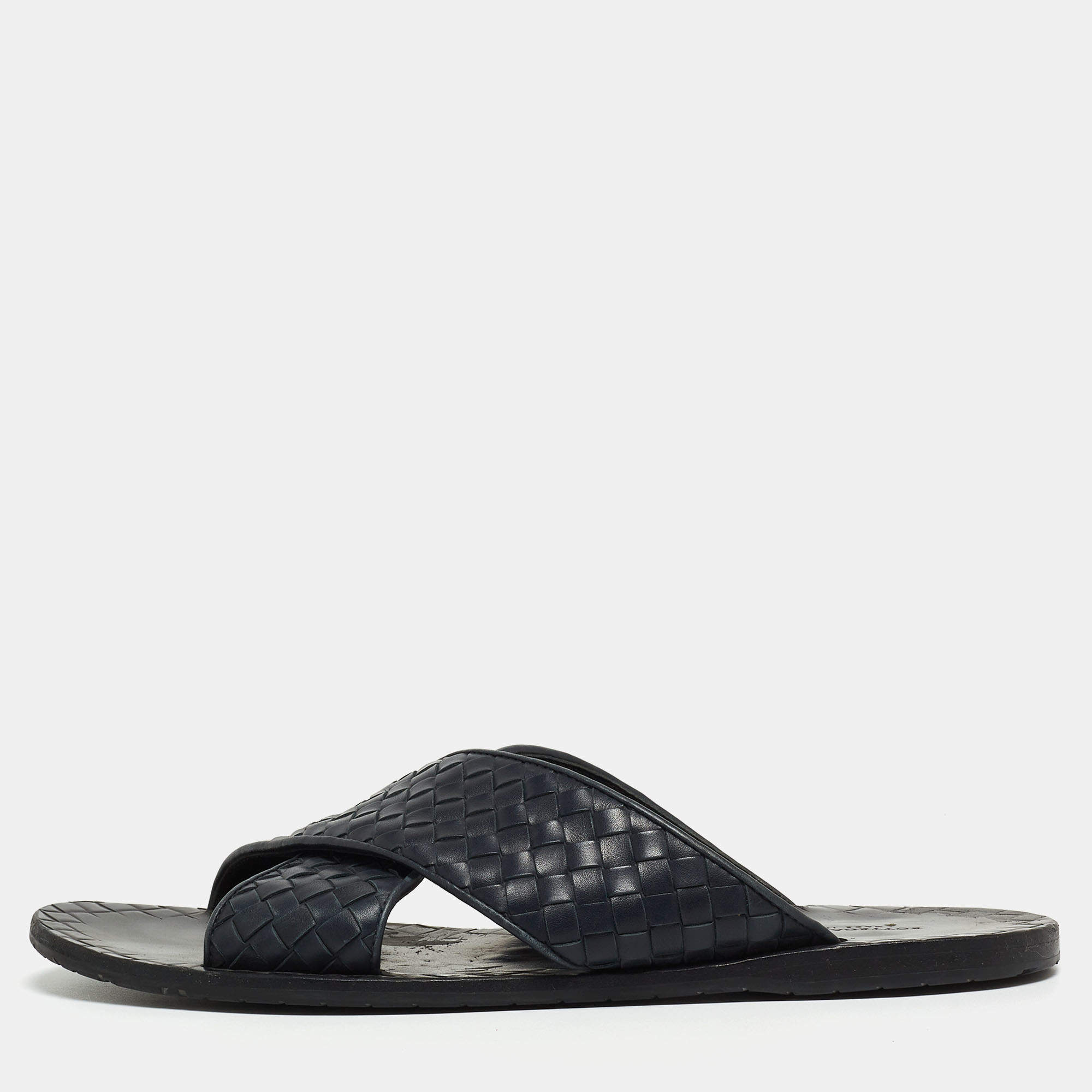 Pre Owned Bottega Veneta Navy Blue Intrecciato Leather Criss Cross Flat Slides Size 44