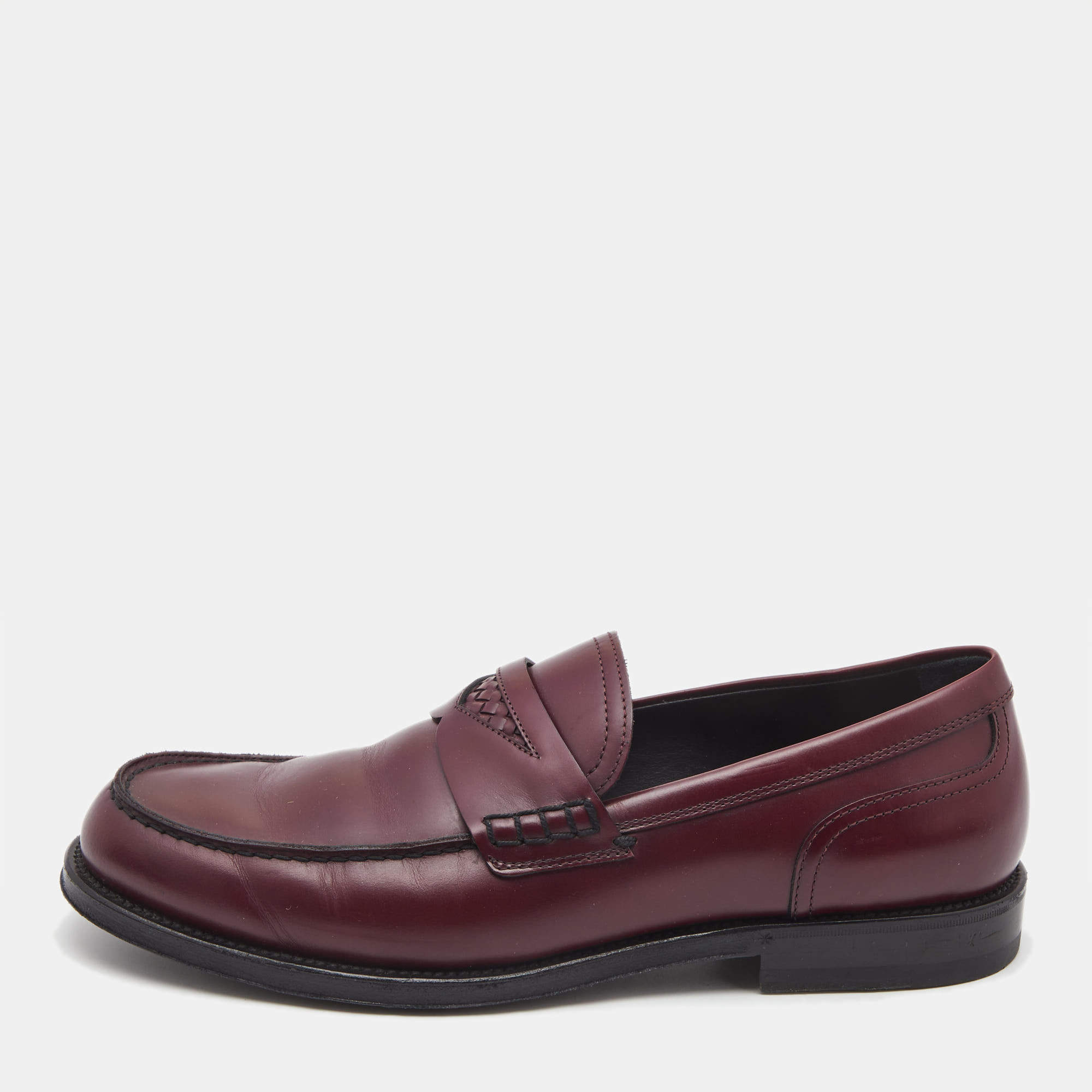 Pre Owned Bottega Veneta Burgundy Leather Slip On Loafers Size 41.5