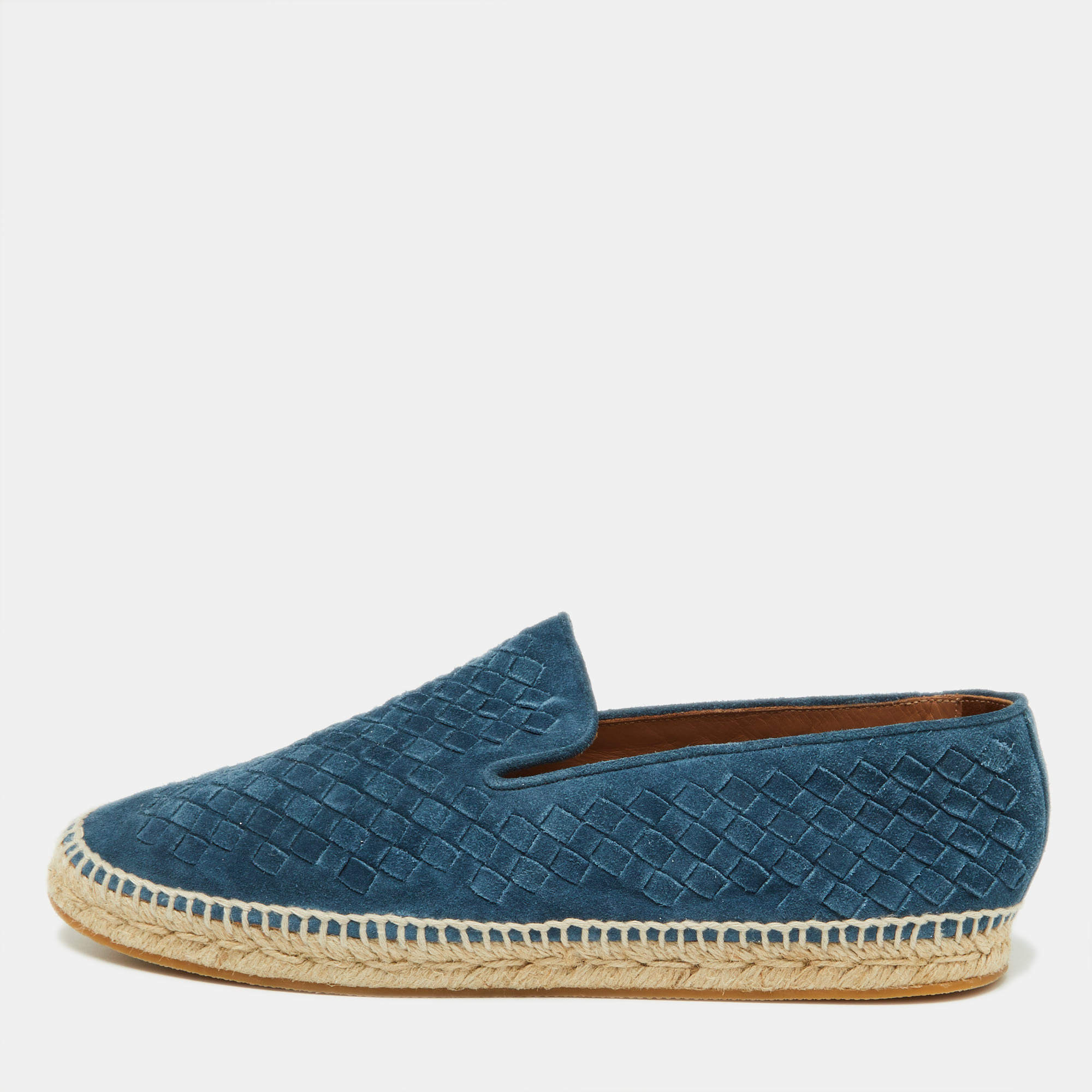 Bottega Veneta Navy Blue Intrecciato Suede Slip On Espadrilles Size 45