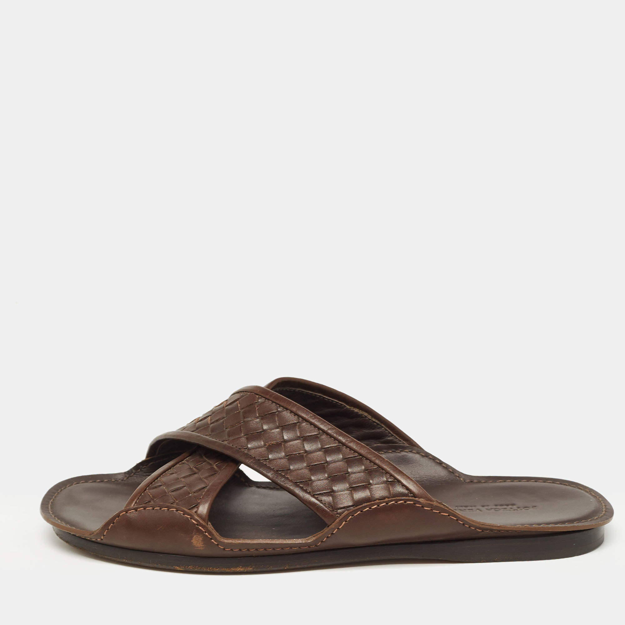 Bottega Veneta Brown Intrecciato Leather Cross Strap Slides Size 43