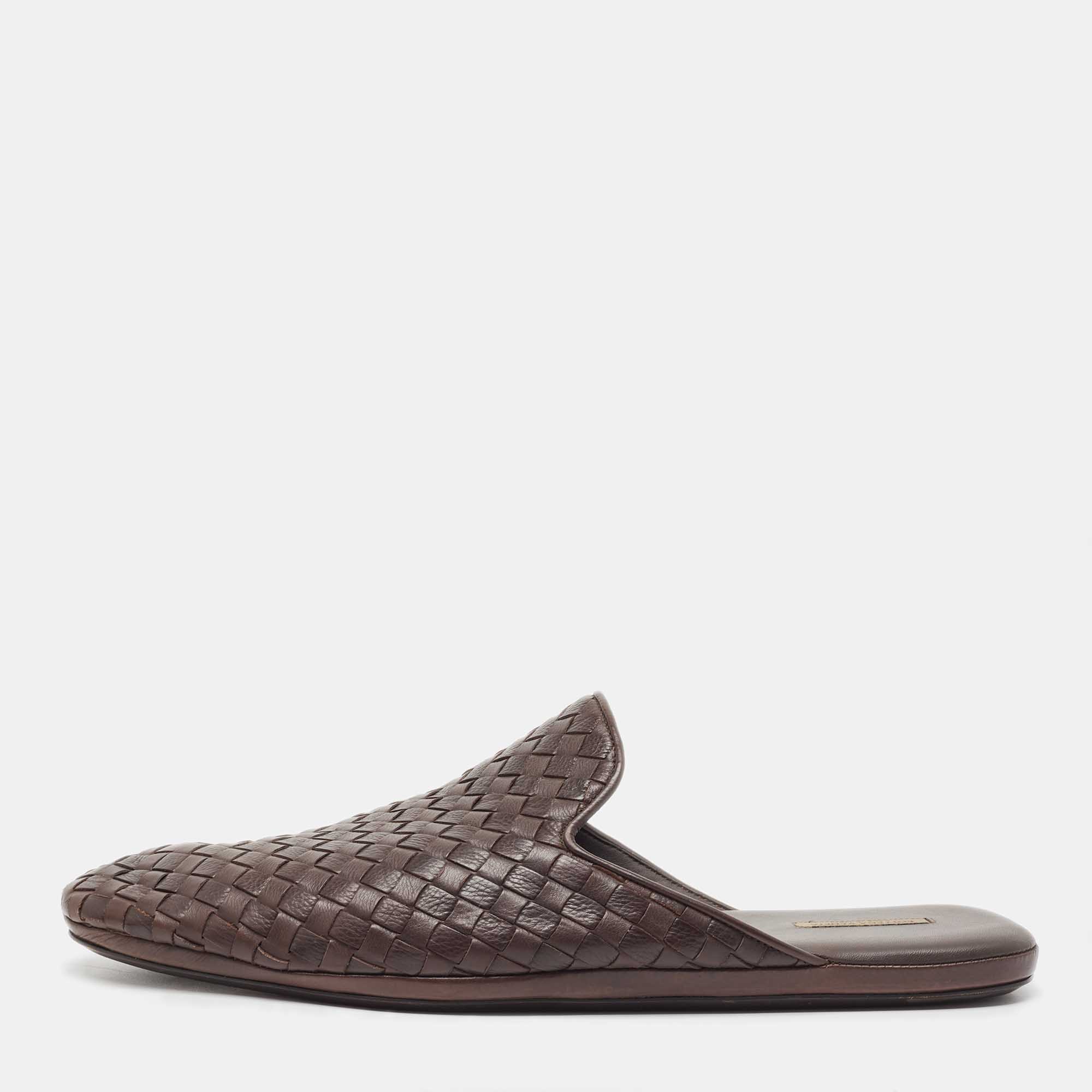 Pre Owned Bottega Veneta Brown Woven Leather Intrecciato Fiandra Mules Size 43