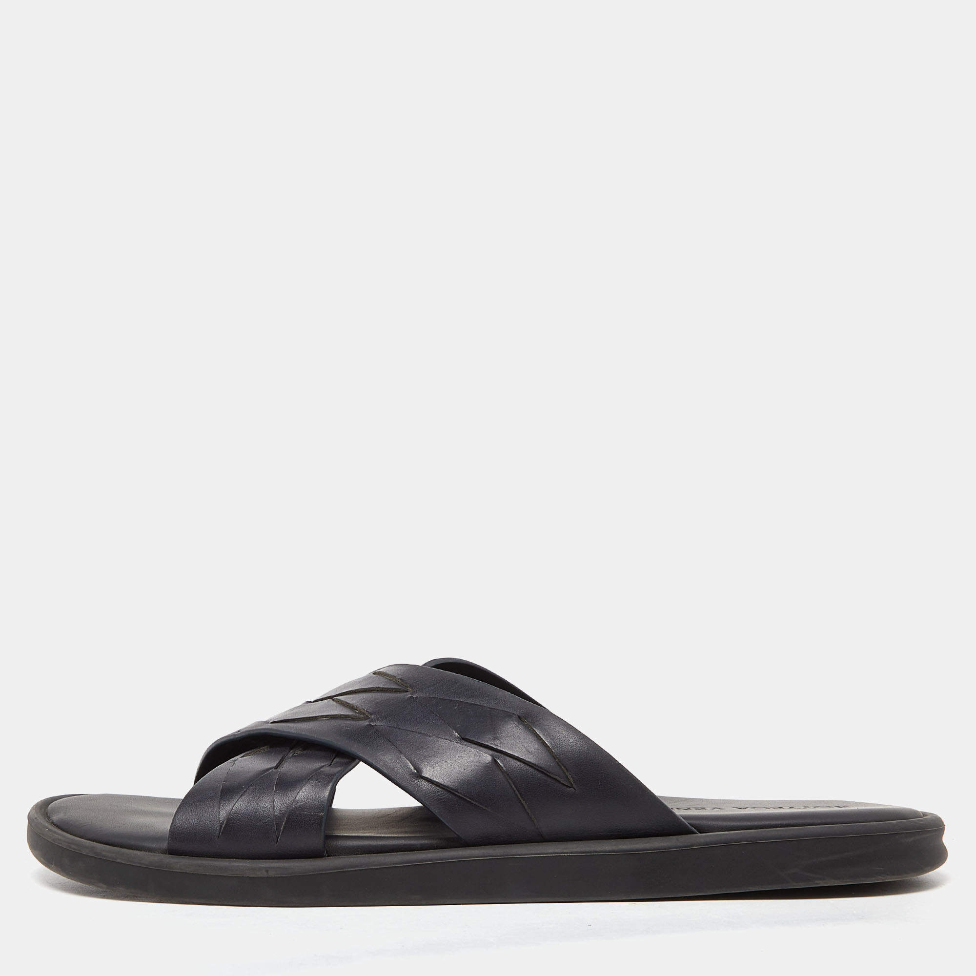 Pre Owned Bottega Veneta Black Woven Leather Cross Strap Flat Slides Size 43 