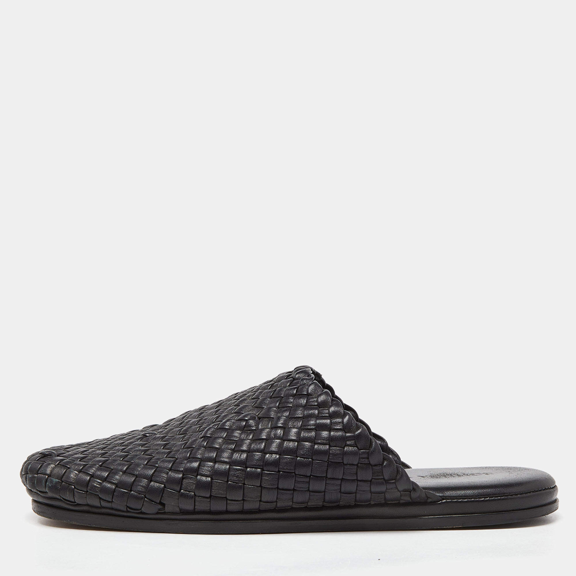 Pre Owned Bottega Veneta Black Intrecciato Leather Tubolare Mules Size 41.5