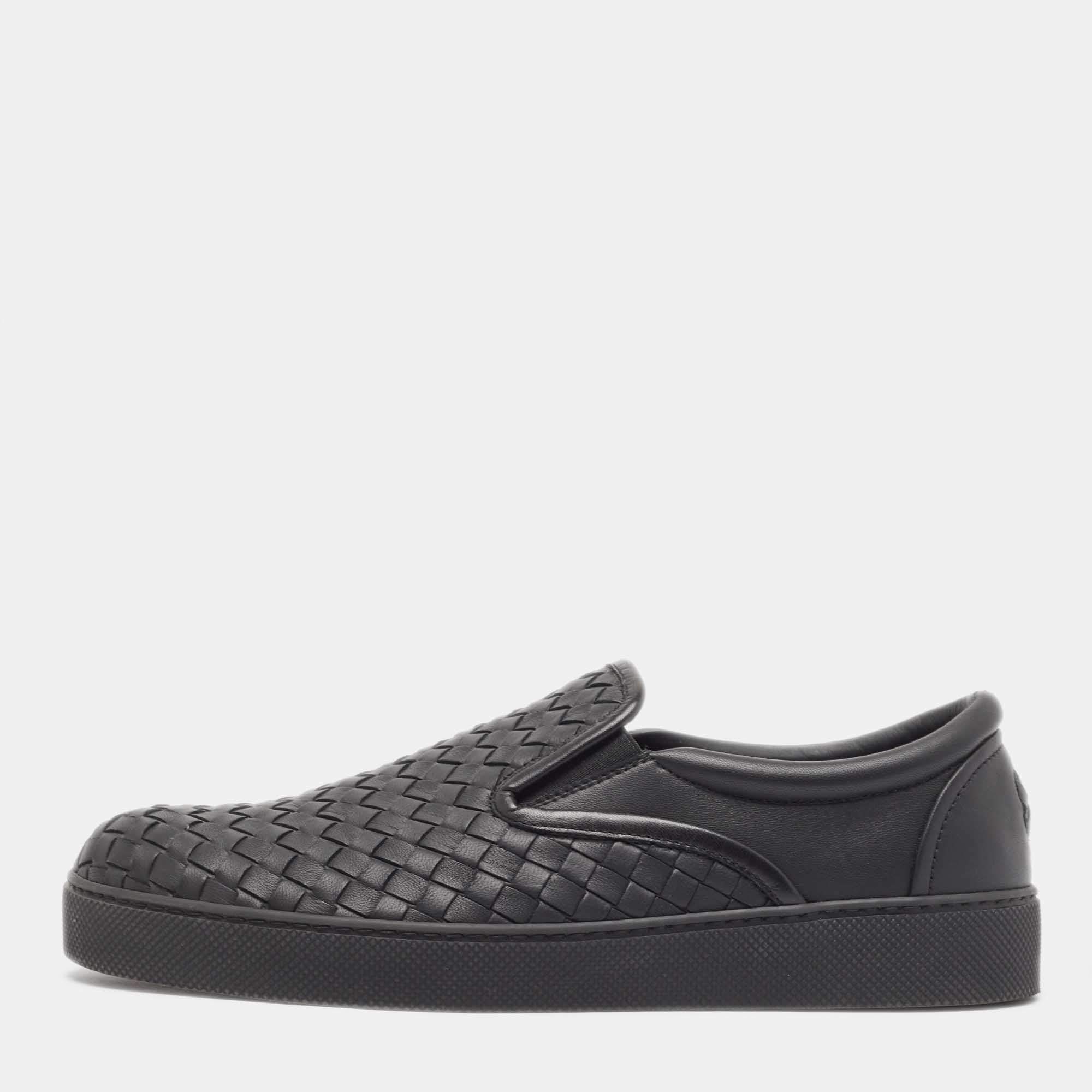 Pre Owned Bottega Veneta Black Intrecciato Leather Slip On Sneakers Size 40