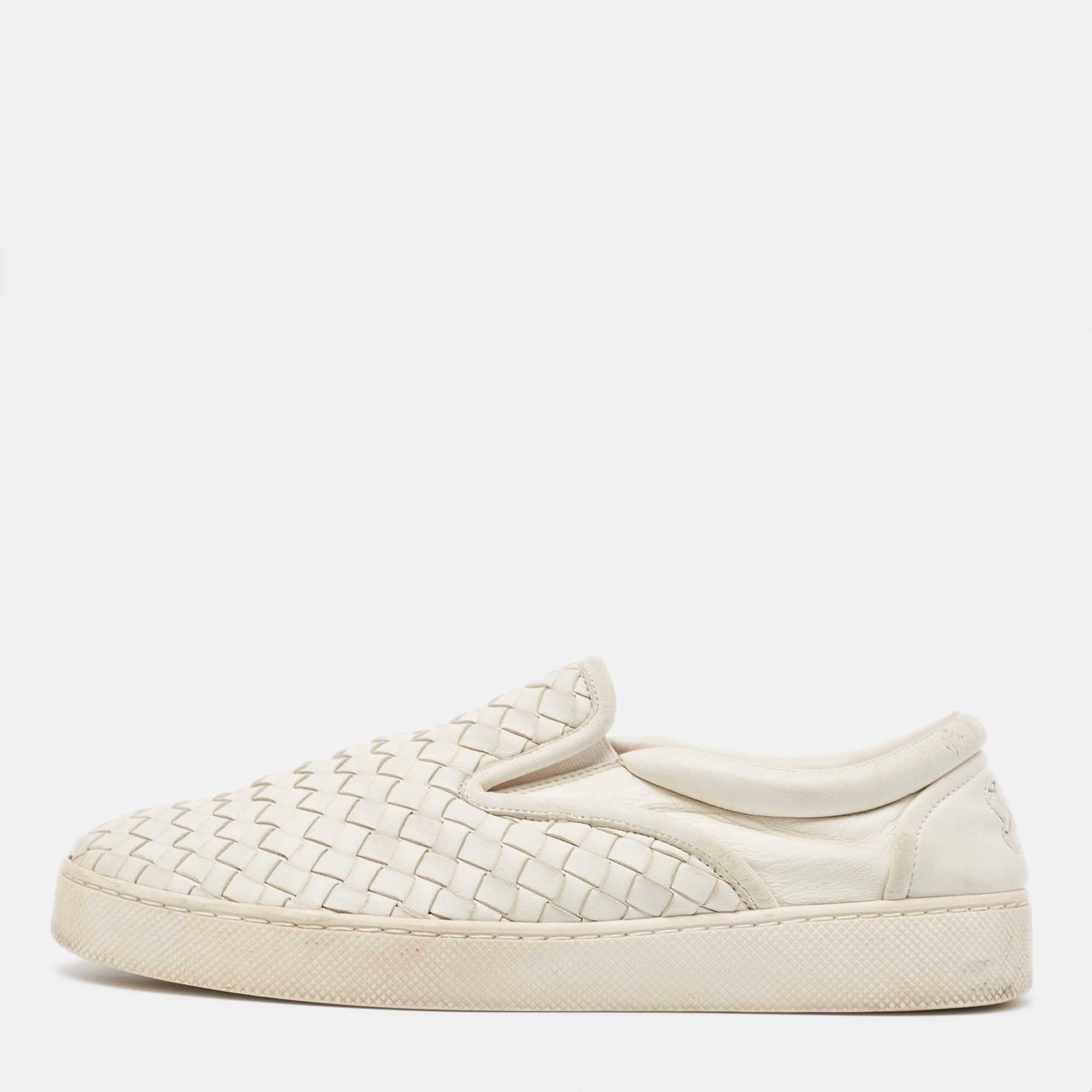Pre Owned Bottega Veneta White Intrecciato Leather Dodger Slip On Sneakers Size 40