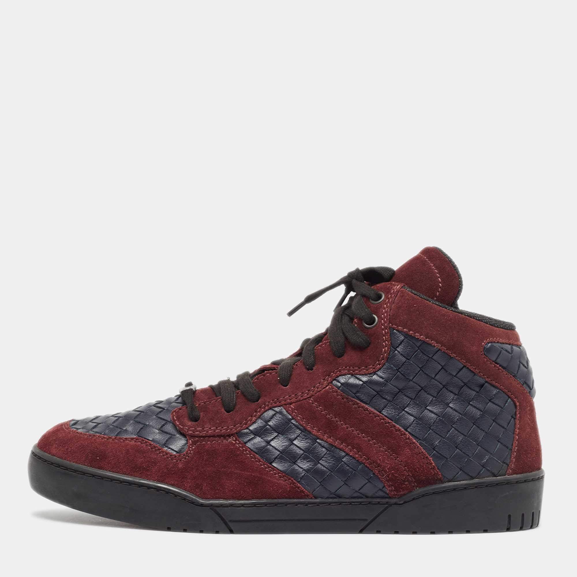 Bottega Veneta Burgundy/Navy Blue Suede and Intrecciato Leather High Top Sneakers Size 44.5 