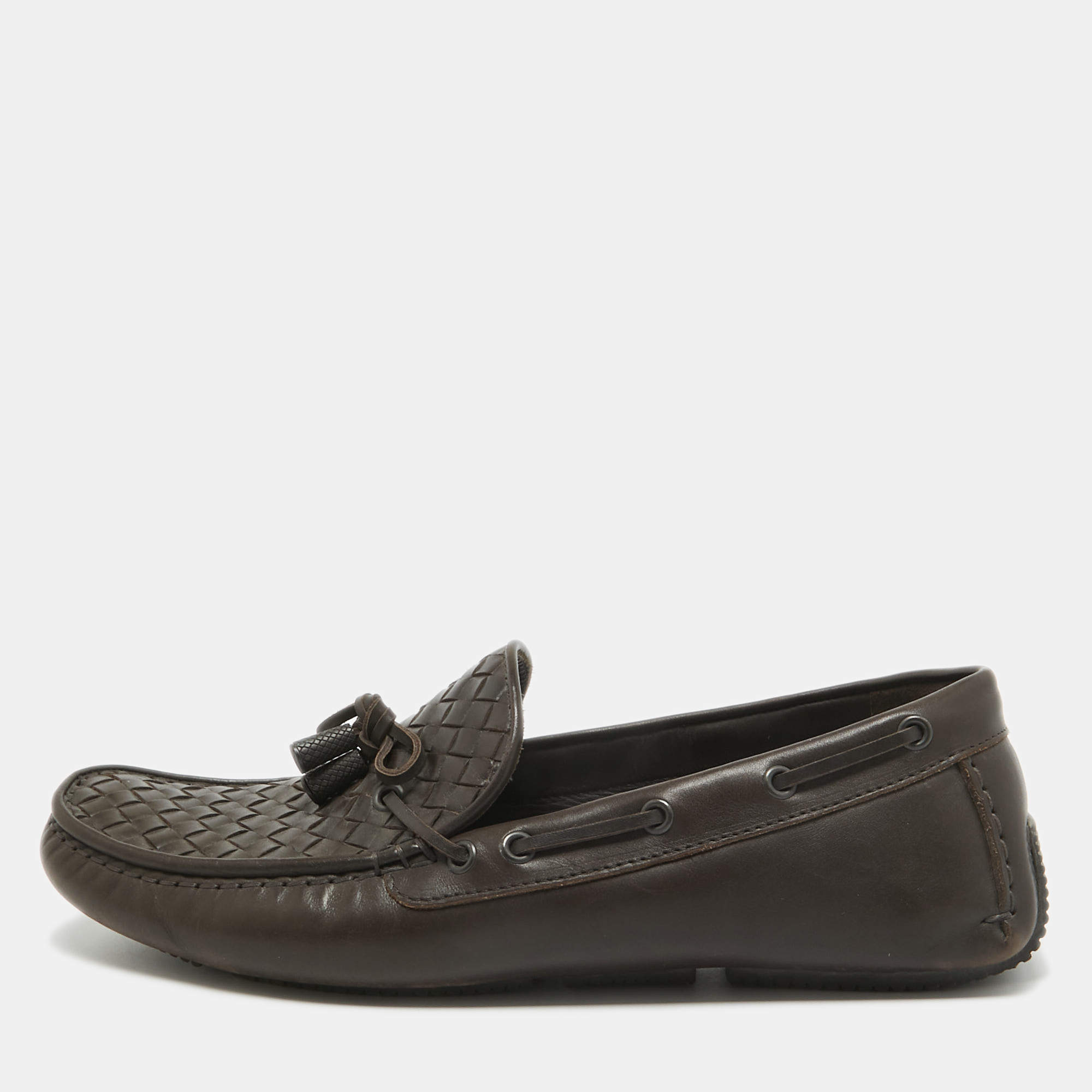 Bottega Veneta Brown Intrecciato Leather Wave Driver Bow Slip On Loafers Size 43.5 