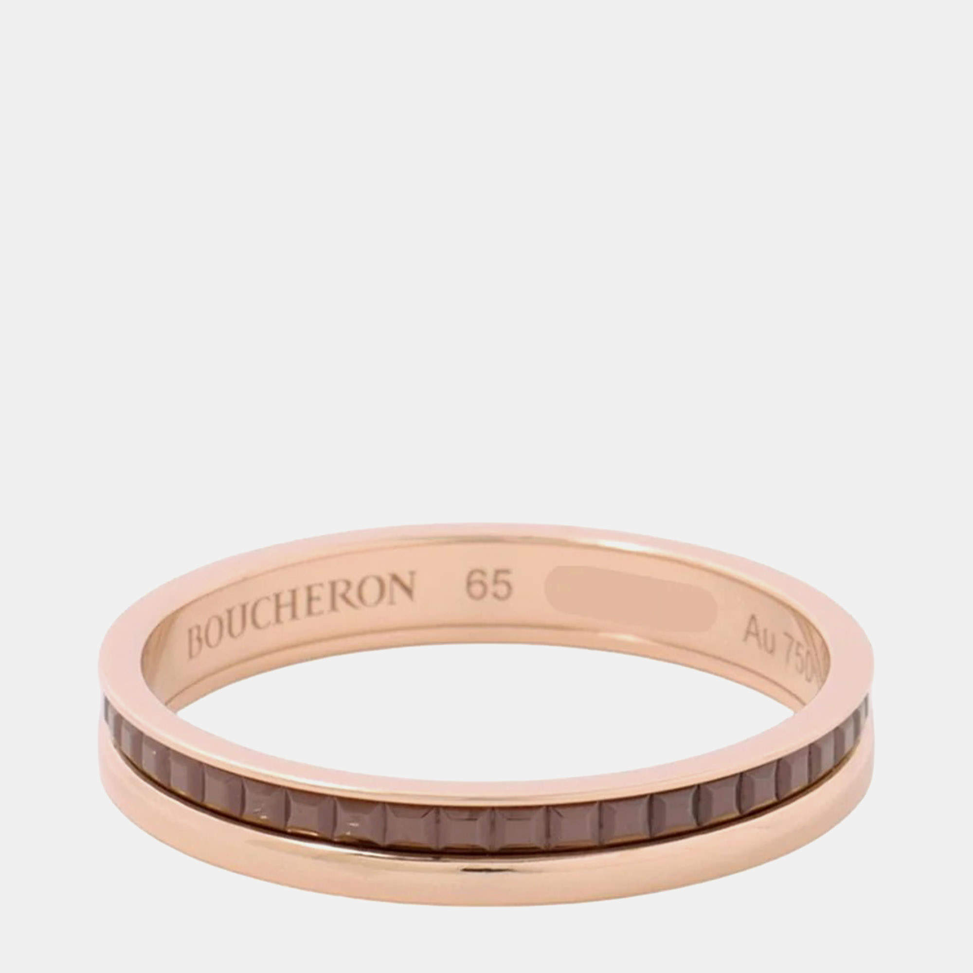 Pre Owned Boucheron Quatre Classique 18K Pink Yellow Gold Brown Ceramic Ring EU 65