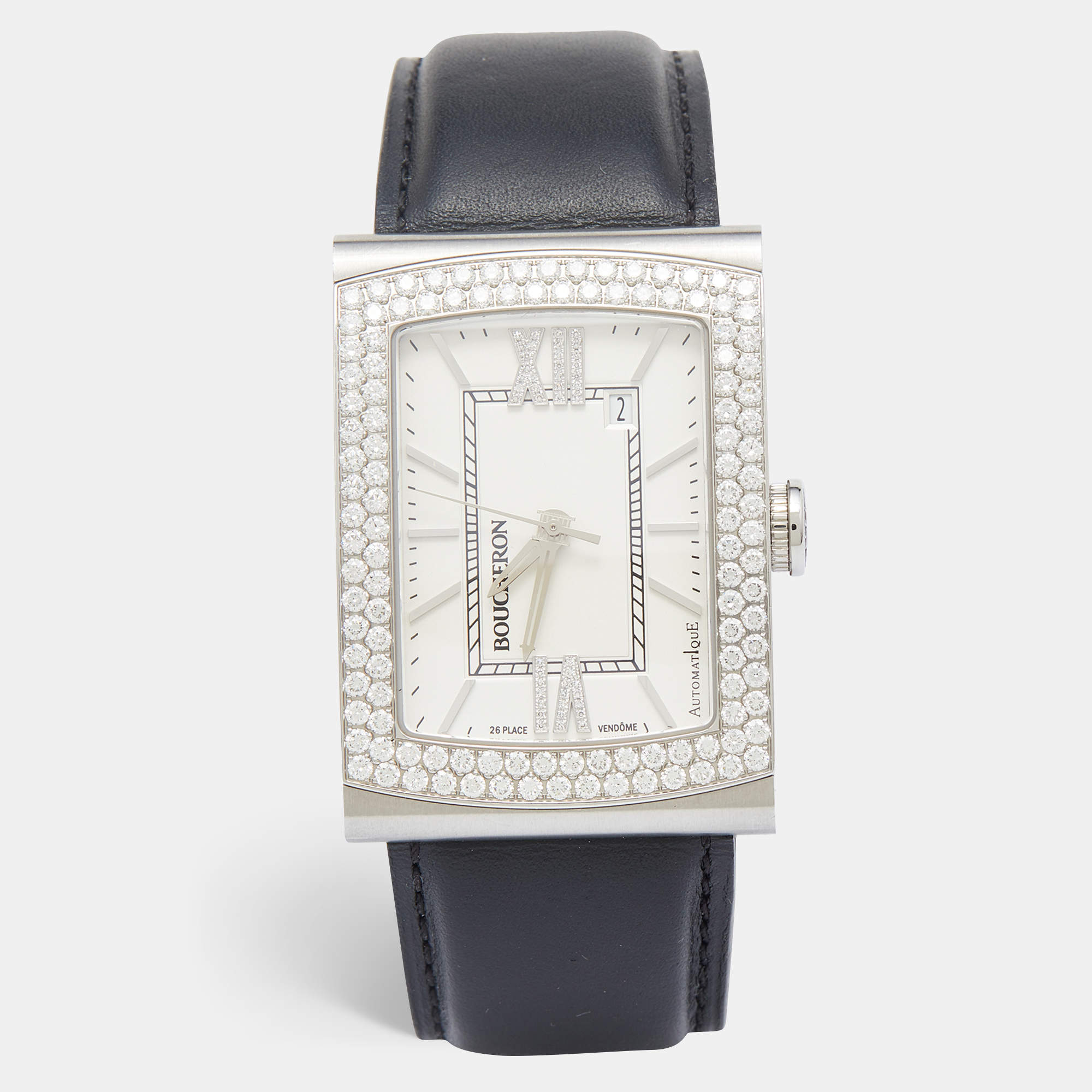 Boucheron Silver Stainless Steel Diamond Leather Reflet XL WA009213 SS Men's Wristwatch 31.50 mm