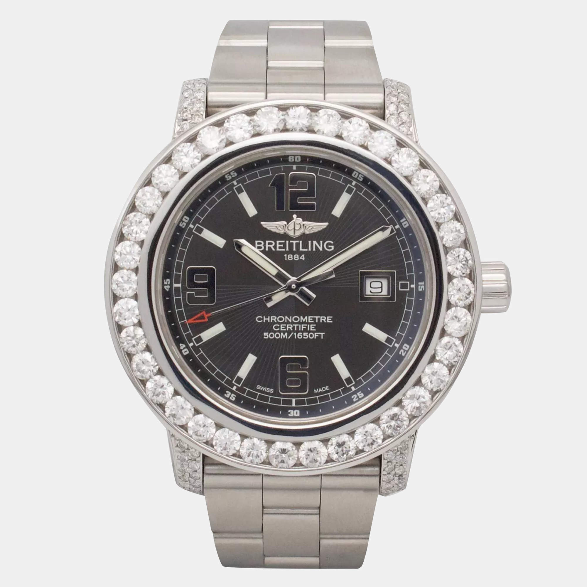 Breitling Customised Silver 8.75CT Diamond Stainless Steel Colt 44 A74387 Quartz Men's Wristwatch 44mm