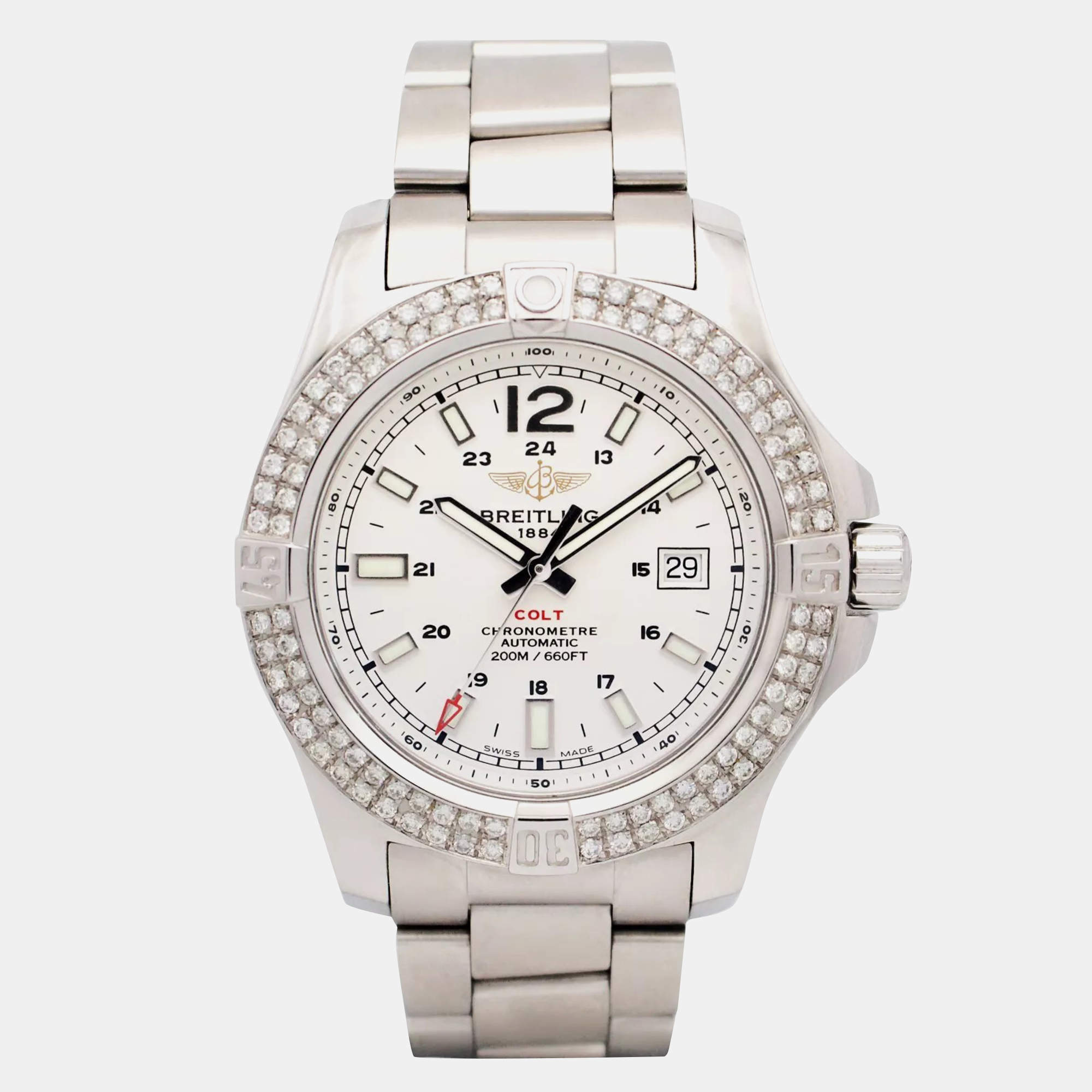Breitling Customised White 1.90CT Diamond Stainless Steel Colt A17388 Automatic Men's Wristwatch 44mm