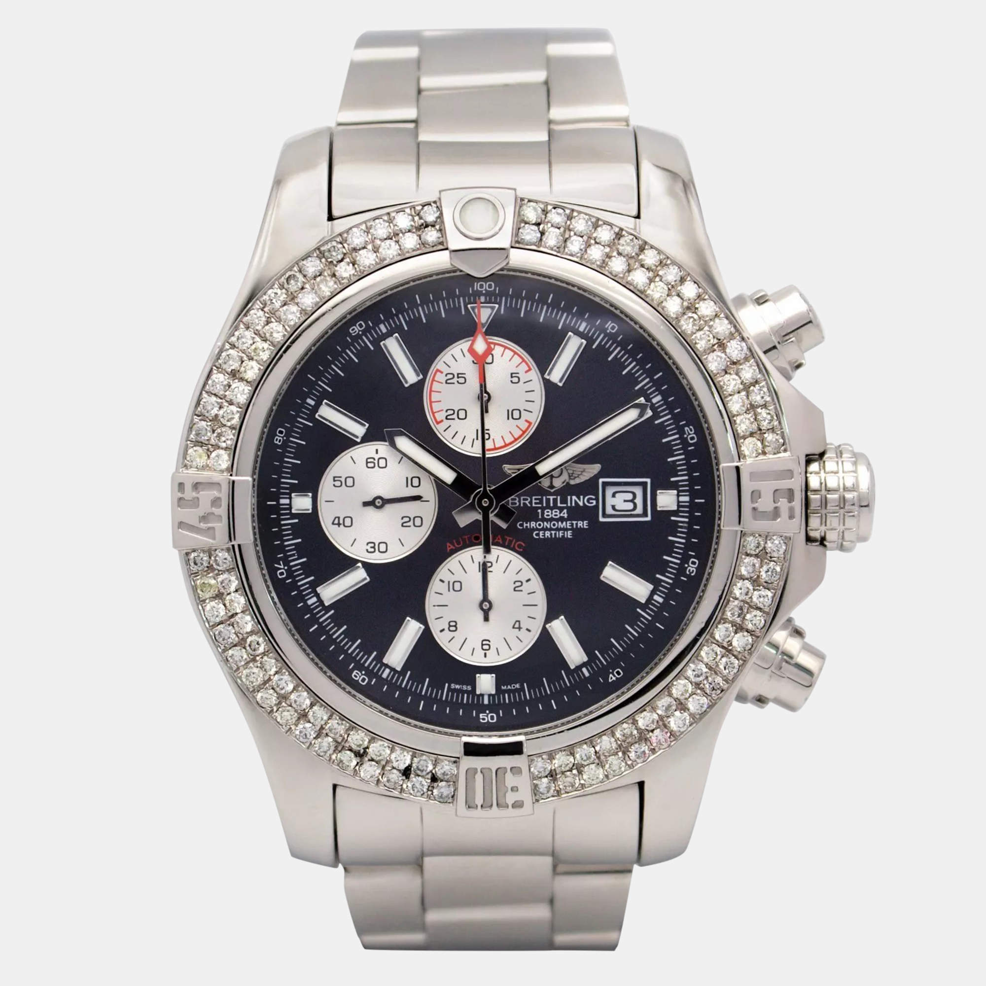 Breitling Customised Black 2.25CT Diamond Stainless Steel Super Avenger II  Automatic Men's Wristwatch 48mm