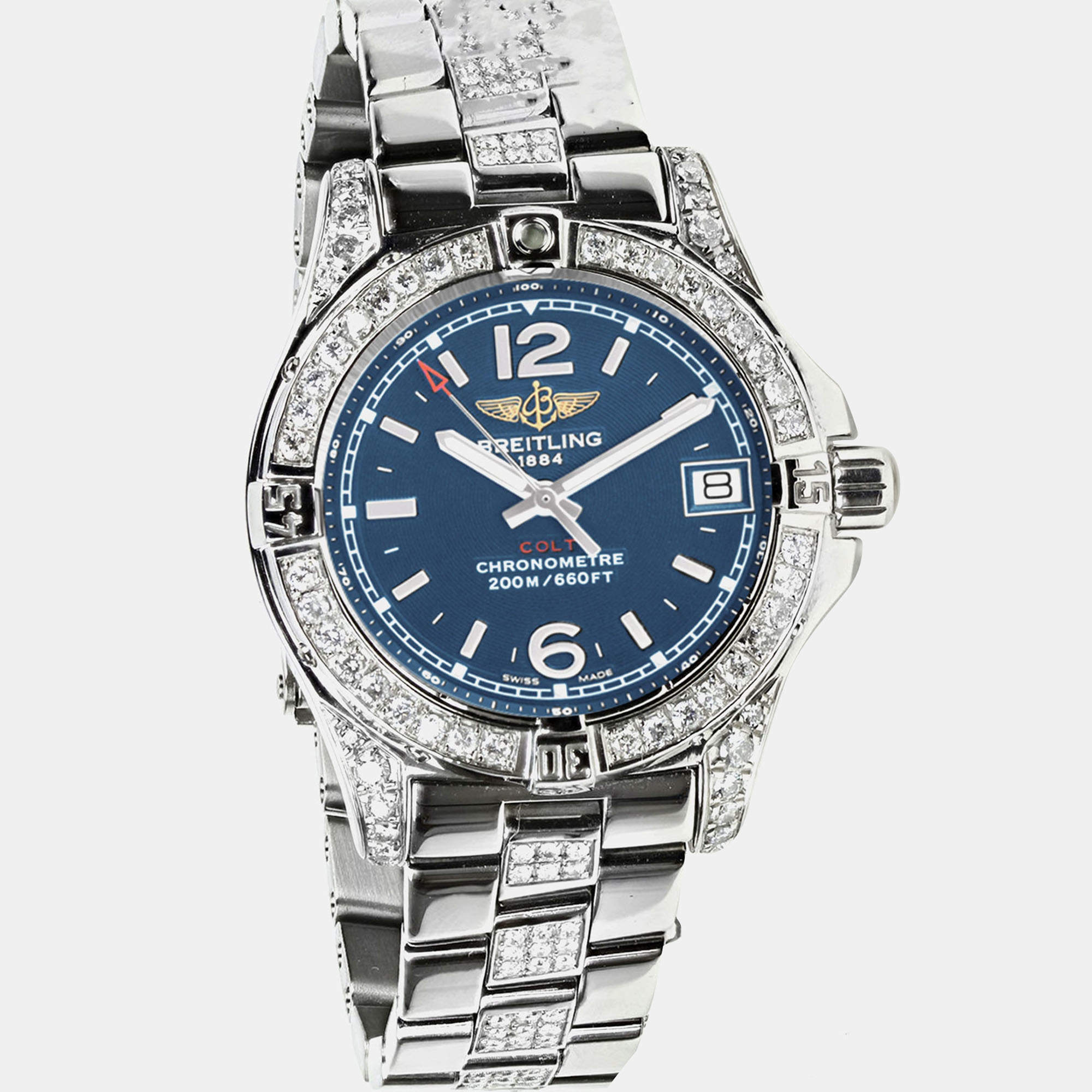 Breitling Customised Blue Diamond Stainless Steel Colt A7738711 Automatic Men's Wristwatch 48 mm